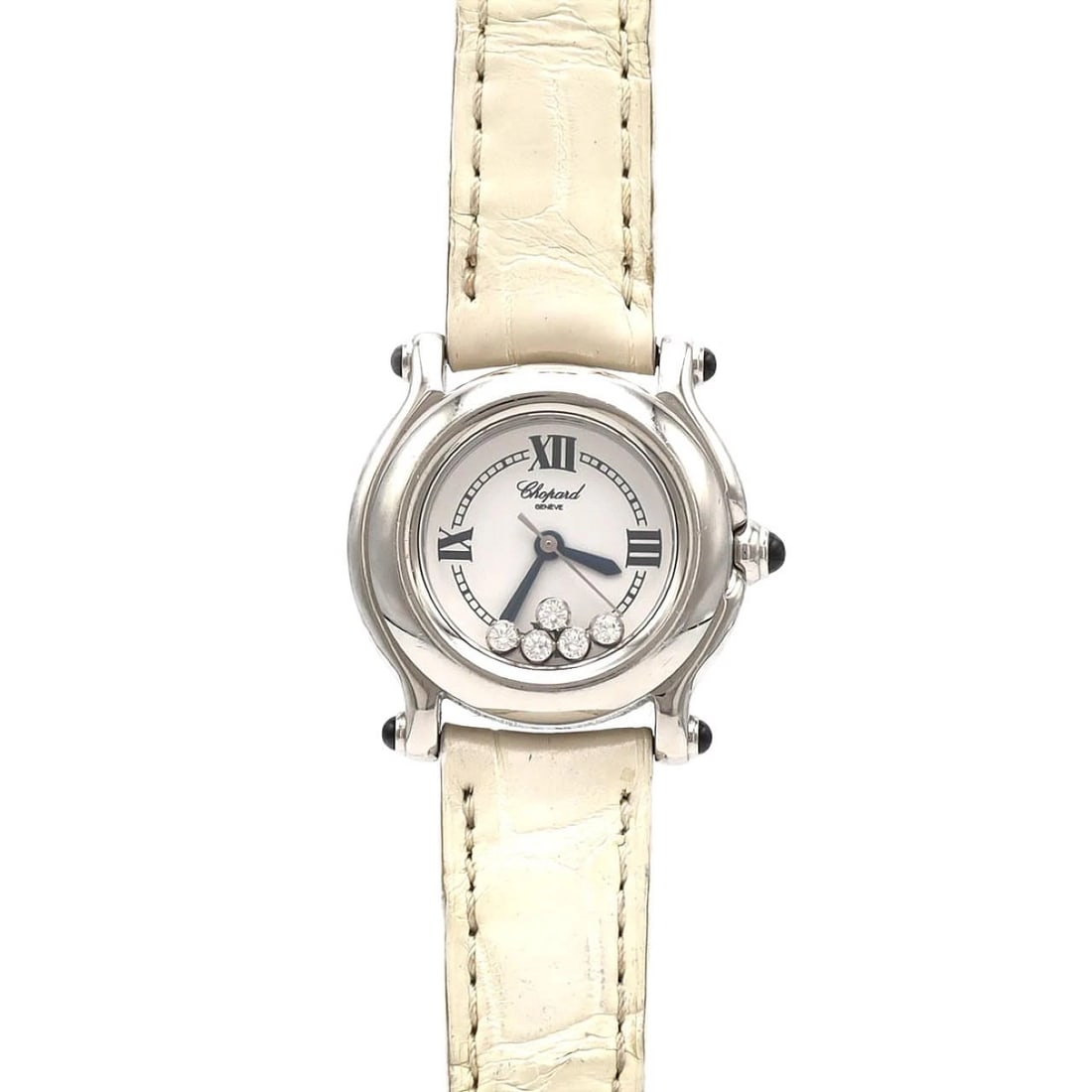 CHOPARD HAPPY SPORT WATCH: Chopard Happy Sport Watch Brand: Chopard Type/Style: Wrist watch Material: Case: Stainless Steel Bracelet: Strap Color: Dial Color: White Band Color: White Size: Case diameter: Approx. 26mm