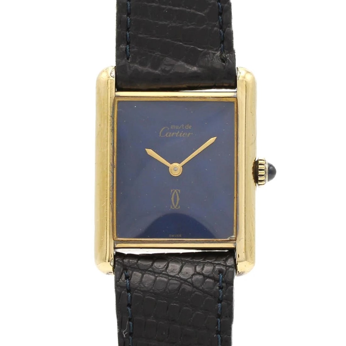 CARTIER MUST TANK LM GOLD PLATED WATCH: Cartier Must Tank LM Gold Plated Watch Brand: CARTIER Type/Style: Wrist watch Material: Case: Gold plated Bracelet: Strap Color: Dial color: Blue Band color: Blue Size: Case diameter: approx. 23x30mm