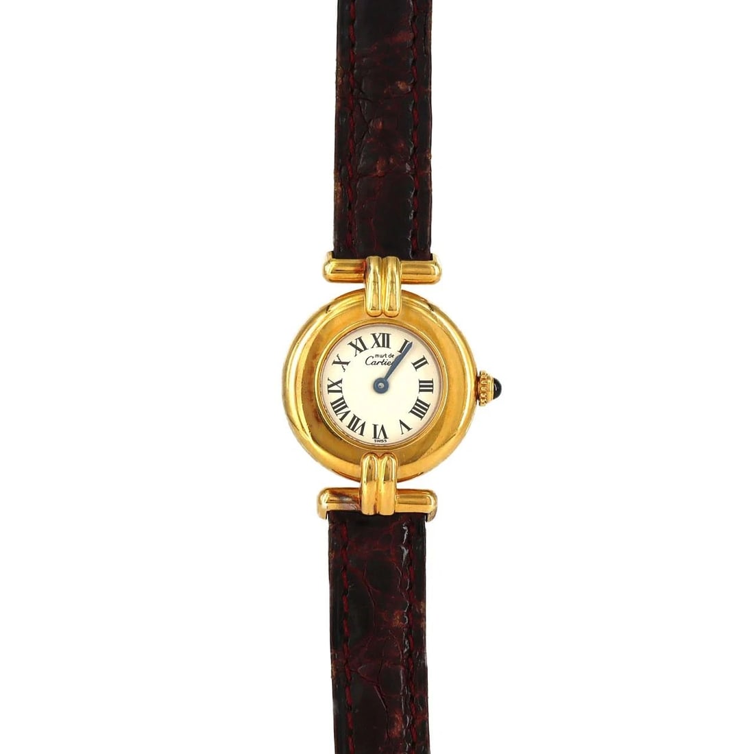 CARTIER MUST COLISEE SM GOLD PLATED WATCH: Cartier Must Colisee SM Gold Plated Watch Brand: CARTIER Type/Style: Wrist watch Material: Case: Gold plated Bracelet: Strap Color: Dial Color: Ivory/Roman Band Color: Red Size: Case diameter: