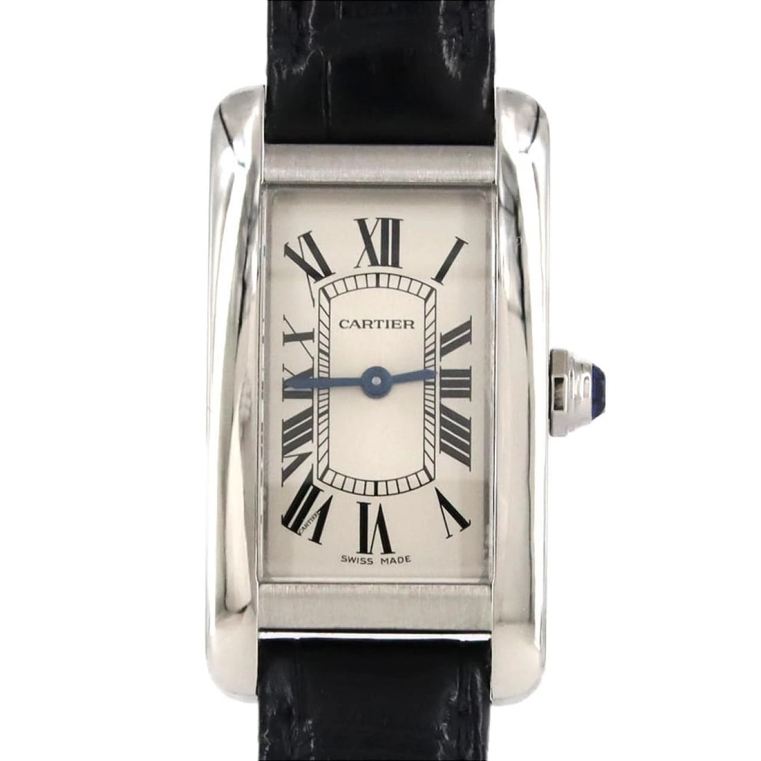 CARTIER TANK AMERICAN SM STAINLESS STEEL QUARTZ WATCH: Cartier Tank American SM Stainless Steel Quartz Watch Brand: CARTIER Type/Style: Wrist watch Material: Case: Stainless Steel Bracelet: Strap Color: Dial Color: Silver/Roman Band Color: Blue Size: