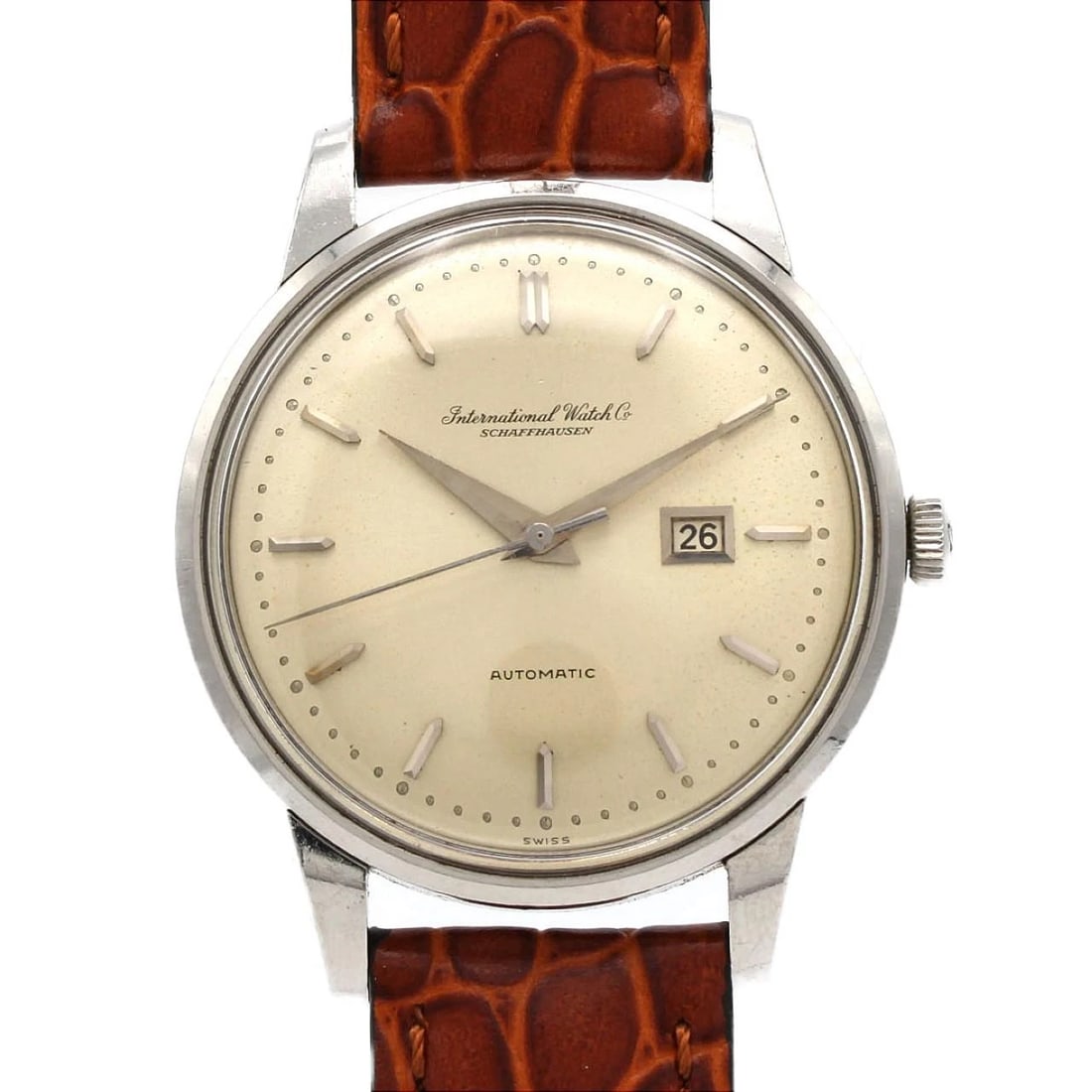 IWC OLD INTERNATIONAL STAINLESS STEEL WATCH: IWC Old International Stainless Steel Watch Brand: IWC Type/Style: Wrist watch Material: Case: Stainless Steel Bracelet: Strap Color: Dial Color: Silver Band Color: Brown Size: Case diameter: Approx.