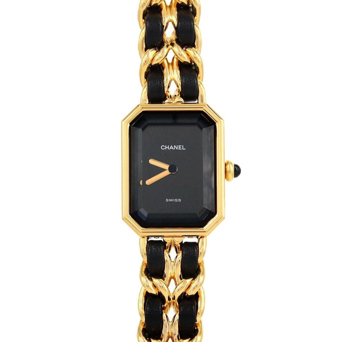 CHANEL PREMIERE GOLD PLATED SMALL GOLD PLATED QUARTZ WATCH: Chanel Premiere Gold Plated Small Gold Plated Quartz Watch Brand: CHANEL Type/Style: Wrist watch Material: Case: Gold plated Bracelet: Gold plated x Strap Color: Dial Color: Black Band Color: Black Si