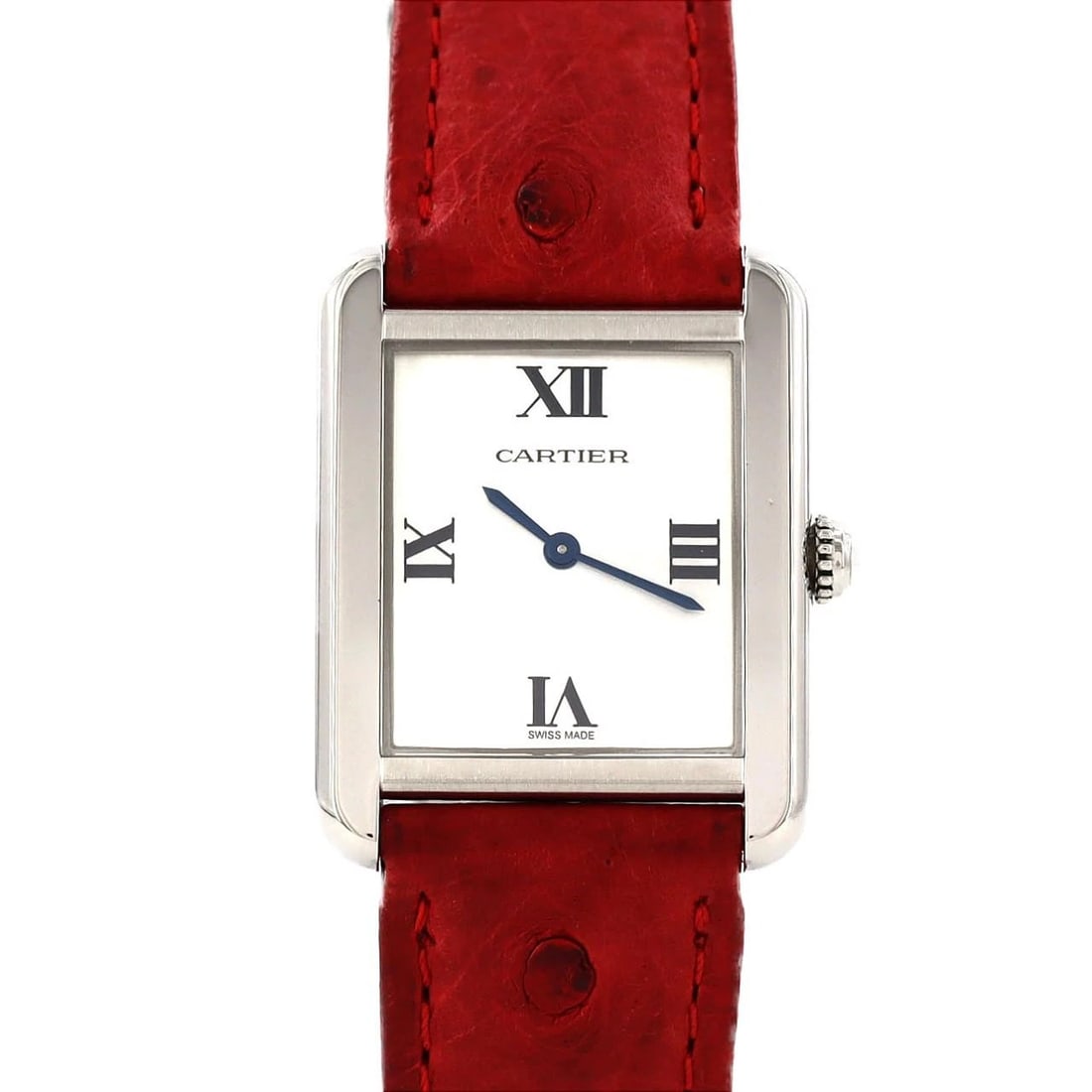 CARTIER TANK SOLO SM CHRISTMAS WATCH: Cartier Tank Solo SM Christmas Watch Brand: CARTIER Type/Style: Wrist watch Material: Case: Stainless Steel Bracelet: Strap Color: Dial Color: Silver Logo Band Color: Red Size: Case diameter: 24x31