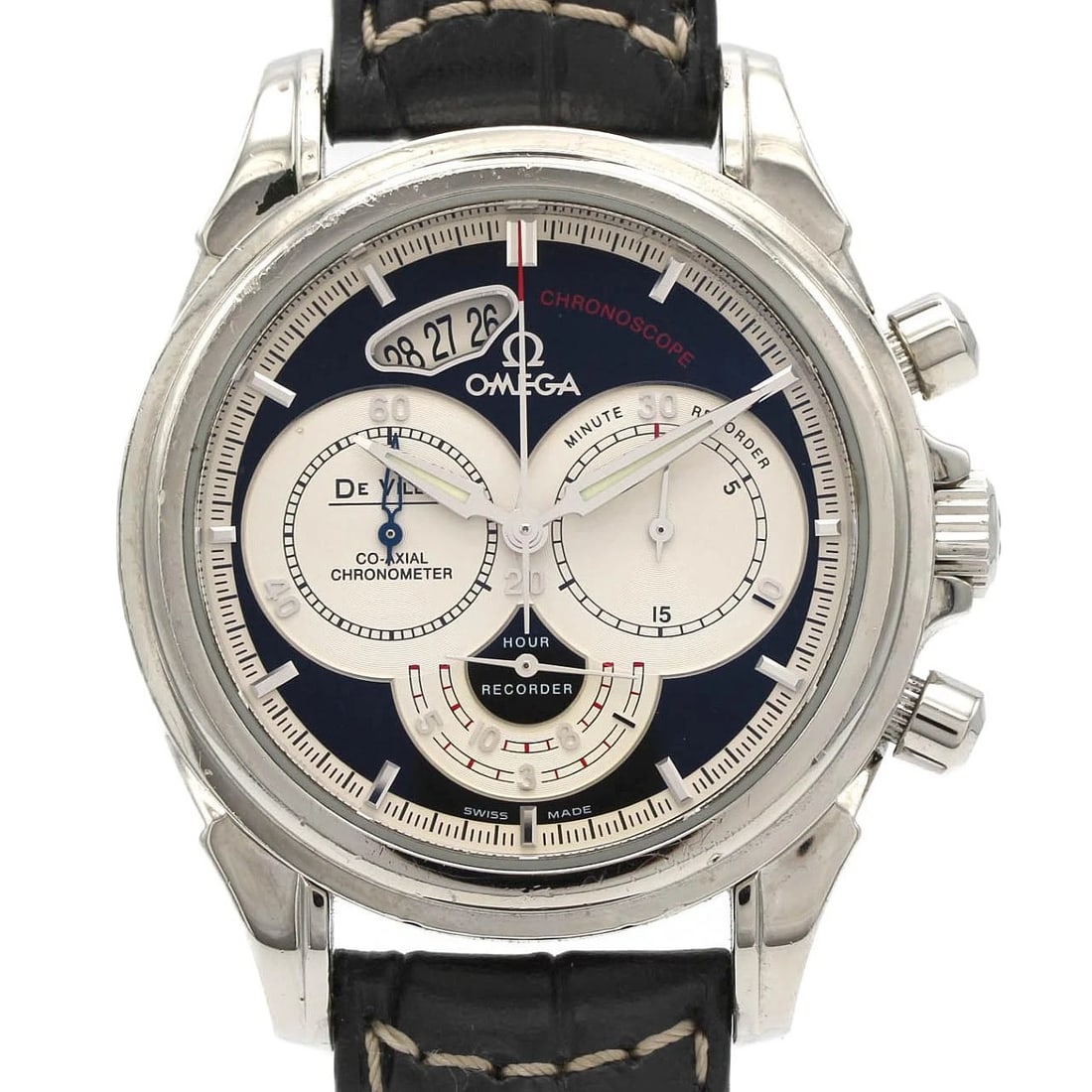 OMEGA DE VILLE CO-AXIAL CHRONOSCOPE WATCH: Omega De Ville Co-Axial Chronoscope Watch Brand: OMEGA Type/Style: Wrist watch Material: Case: Stainless Steel Bracelet: Strap Color: Dial Color: Black, Silver Band Color: Black Size: Case diameter: A