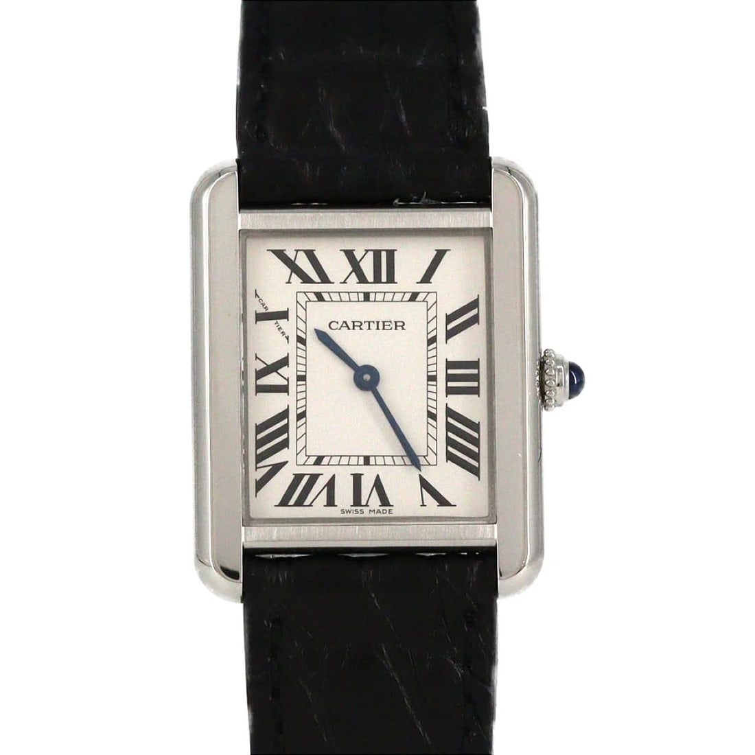 CARTIER TANK SOLO SM STAINLESS STEEL QUARTZ WATCH: Cartier Tank Solo SM Stainless Steel Quartz Watch Brand: CARTIER Type/Style: Wrist watch Material: Case: Stainless Steel Bracelet: Strap Color: Dial Color: Silver/Roman Band Color: Black Size: Case