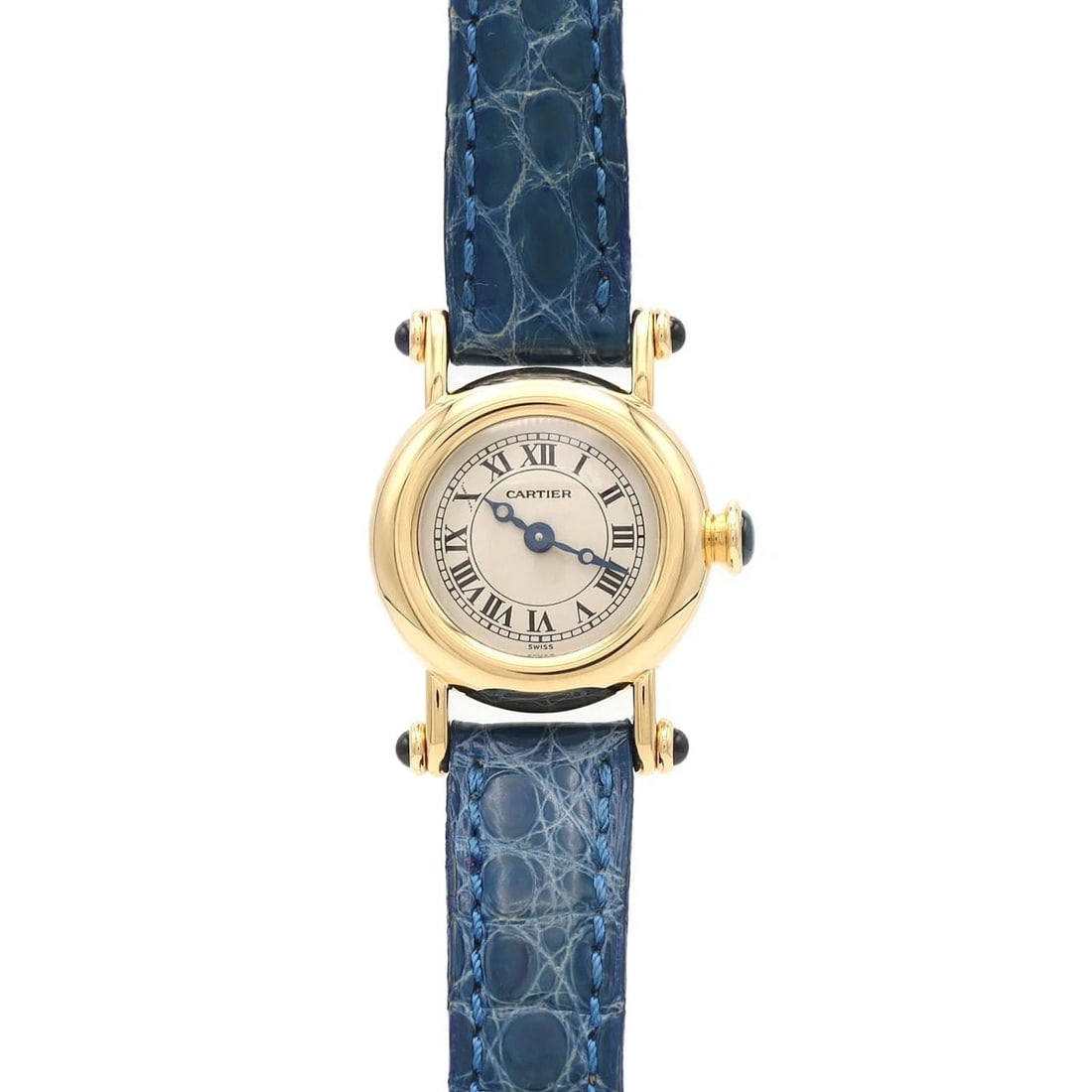 CARTIER MINI DIABOLO YG QUARTZ WATCH: Cartier Mini Diabolo YG Quartz Watch Brand: CARTIER Type/Style: Wrist watch Material: Case: Yellow gold Bracelet: Strap Color: Dial Color: Silver/Roman Band Color: Blue Size: Case diameter: Approx. 21