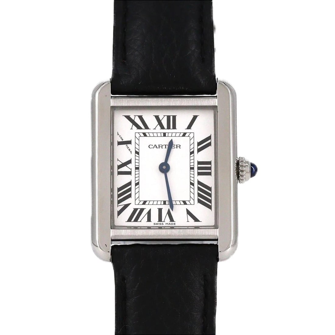 CARTIER TANK SOLO SM STAINLESS STEEL QUARTZ WATCH: Cartier Tank Solo SM Stainless Steel Quartz Watch Brand: CARTIER Type/Style: Wrist watch Material: Case: Stainless Steel Bracelet: Strap Color: Dial Color: Silver/Roman Band Color: Black Size: Case