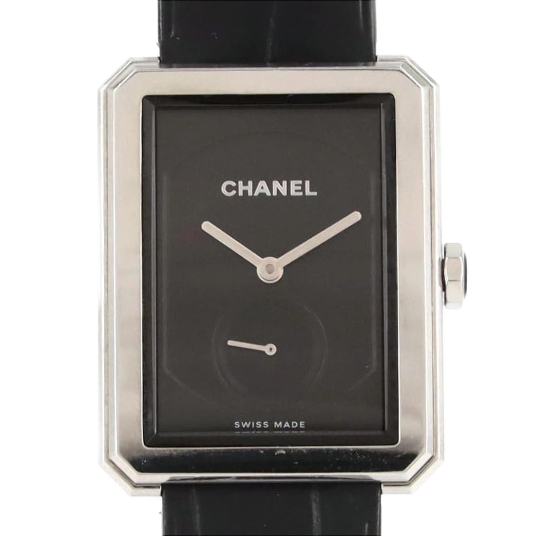 CHANEL STAINLESS STEEL WATCH: Chanel Stainless Steel Watch Brand: CHANEL Type/Style: Wrist watch Material: Case: Stainless Steel Bracelet: Strap Color: Dial Color: Black Band Color: Black Size: Case dimensions approximately: 28.5