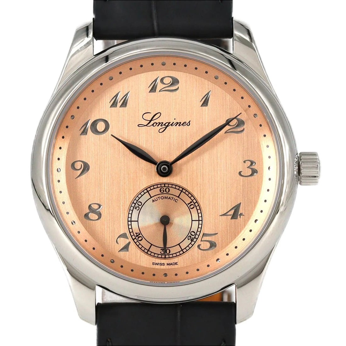 LONGINES MASTER COLLECTION STAINLESS STEEL MECHANICA WATCH: Longines Master Collection Stainless Steel Mechanica Watch Brand: LONGINES Type/Style: Wrist watch Material: Case: Stainless Steel Bracelet: Strap Color: Dial Color: Pink/Arabic Band Color: Gray