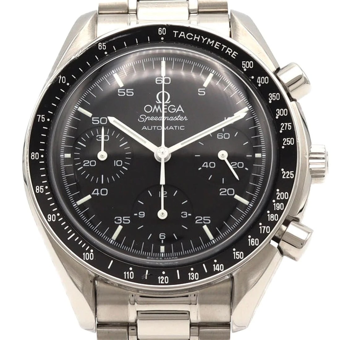 OMEGA SPEEDMASTER STAINLESS WATCH: Omega Speedmaster Stainless Watch Brand: OMEGA Type/Style: Wrist watch Material: Case: Stainless Steel Breath: Stainless Steel Color: Dial Color: Black Size: Case diameter: Approx. 39 mm Max wrist