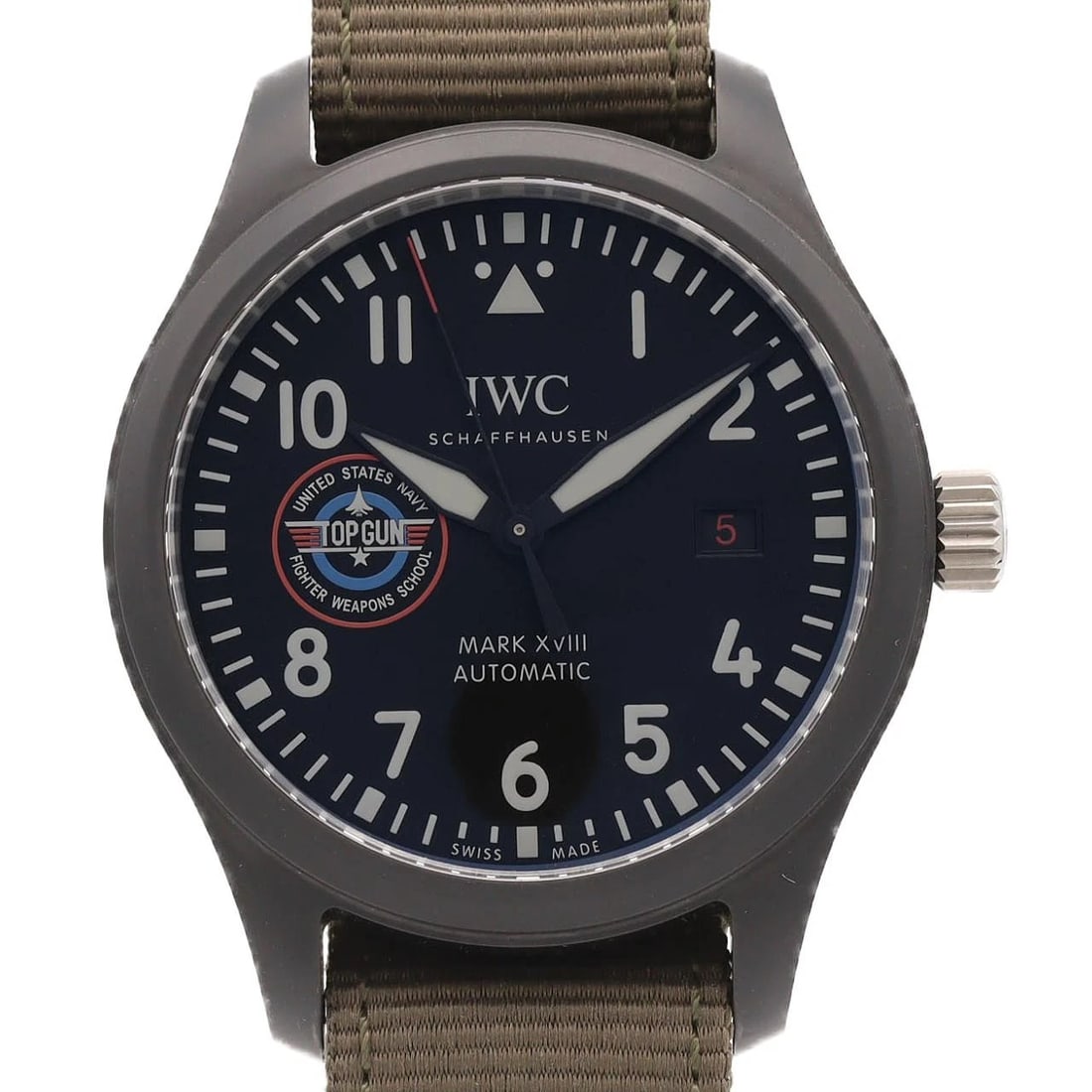 IWC PILOT'S WATCH MARK TOP GUN SFTI CERAMIC WATCH: IWC Pilot's Watch Mark Top Gun SFTI Ceramic Watch Brand: IWC Type/Style: Wrist watch Material: Case: Ceramic Bracelet: Strap Color: Dial Color: Black/Arabic Band Color: Green Size: Case diameter: