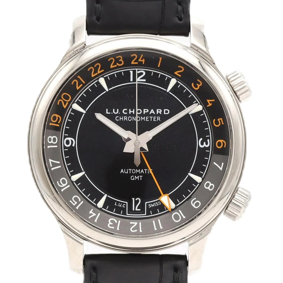 CHOPARD LUC GMT STAINLESS STEEL MECHANICAL AUTOMAT WATCH: Chopard LUC GMT Stainless Steel Mechanical Automat Watch Brand: Chopard Type/Style: Wrist watch Material: Case: Stainless Steel Bracelet: Strap Color: Dial Color: Black Band Color: Black Size: Case