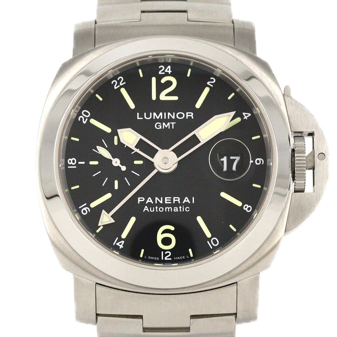 PANERAI LUMINOR GMT STAINLESS STEEL MECHANICAL AUTOMATIC WATCH: Panerai Luminor GMT Stainless Steel Mechanical Automatic Watch Brand: PANERAI Type/Style: Wrist watch Material: Case: Stainless Steel Breath: Stainless Steel Color: Dial Color: Black Size: Case