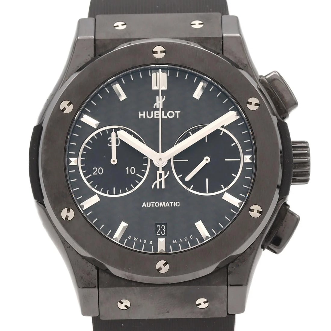 HUBLOT CLASSIC FUSION CHRONOGRAPH BLACK WATCH: Hublot Classic Fusion Chronograph Black Watch Brand: HUBLOT Type/Style: Wrist watch Material: Case: Ceramic Bracelet: Rubber Color: Dial color: Black carbon, Black Band color.. Size: Case diameter: