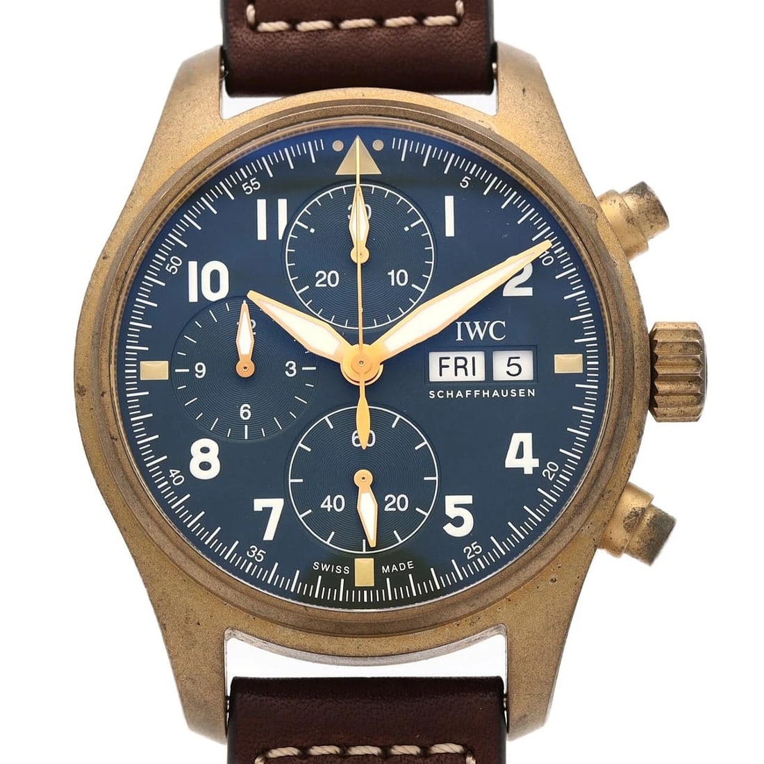 IWC PILOT'S WATCH CHRONOGRAPH SPITFIRE WATCH: IWC Pilot's Watch Chronograph Spitfire Watch Brand: IWC Type/Style: Wrist watch Material: Case: Bronze Bracelet: Strap Color: Dial Color: Green/Arabic Band Color: Brown Size: Case diameter: Approx.