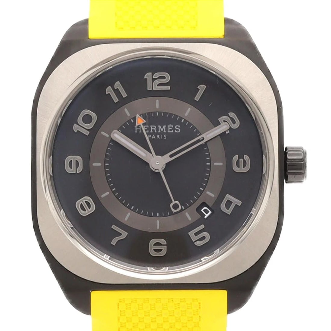 HERMES TI MECHANICAL WATCH: Hermes TI Mechanical Watch Brand: HERMES Type/Style: Wrist watch Material: Case: Titanium Bracelet: Rubber Color: Dial color: Black Size: Case diameter: approx. 39x46mm Accessories: None Accessories