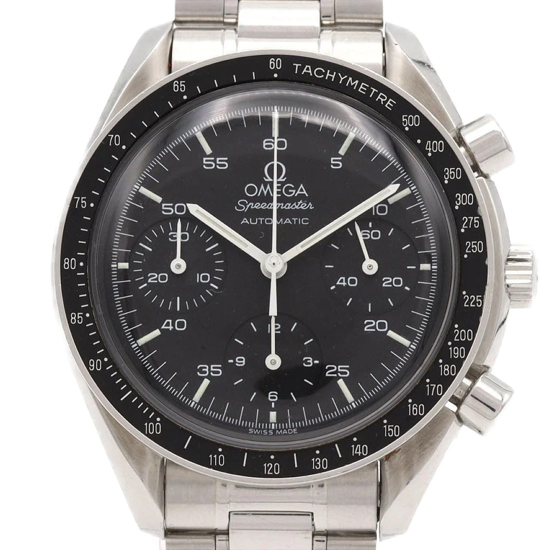 OMEGA SPEEDMASTER STAINLESS WATCH: Omega Speedmaster Stainless Watch Brand: OMEGA Type/Style: Wrist watch Material: Case: Stainless Steel Breath: Stainless Steel Color: Dial Color: Black Size: Case diameter: Approx. 39 mm Max wrist