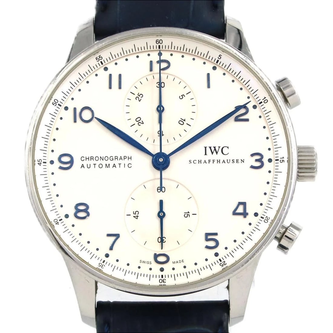 IWC PORTUGIESER CHRONOGRAPH WATCH: IWC Portugieser Chronograph Watch Brand: IWC Type/Style: Wrist watch Material: Case: Stainless Steel Bracelet: Strap Color: Dial Color: Silver/BL Arabic Band Color: Blue Size: Case diameter: Approx.