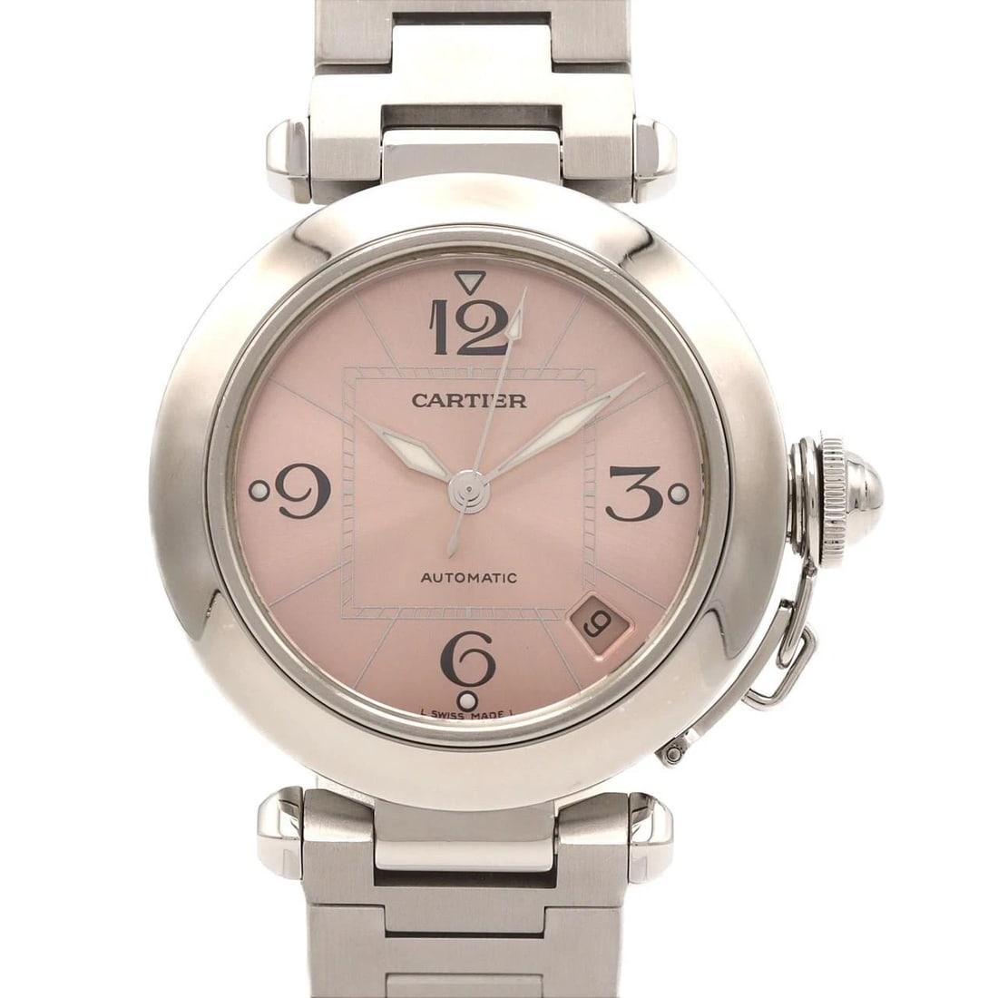CARTIER PASHA STAINLESS STEEL MECHANICAL AUTOMATIC WATCH: Cartier Pasha Stainless Steel Mechanical Automatic Watch Brand: CARTIER Type/Style: Wrist watch Material: Case: Stainless Steel Breath: Stainless Steel Color: Dial color: Pink Size: Case diameter: App