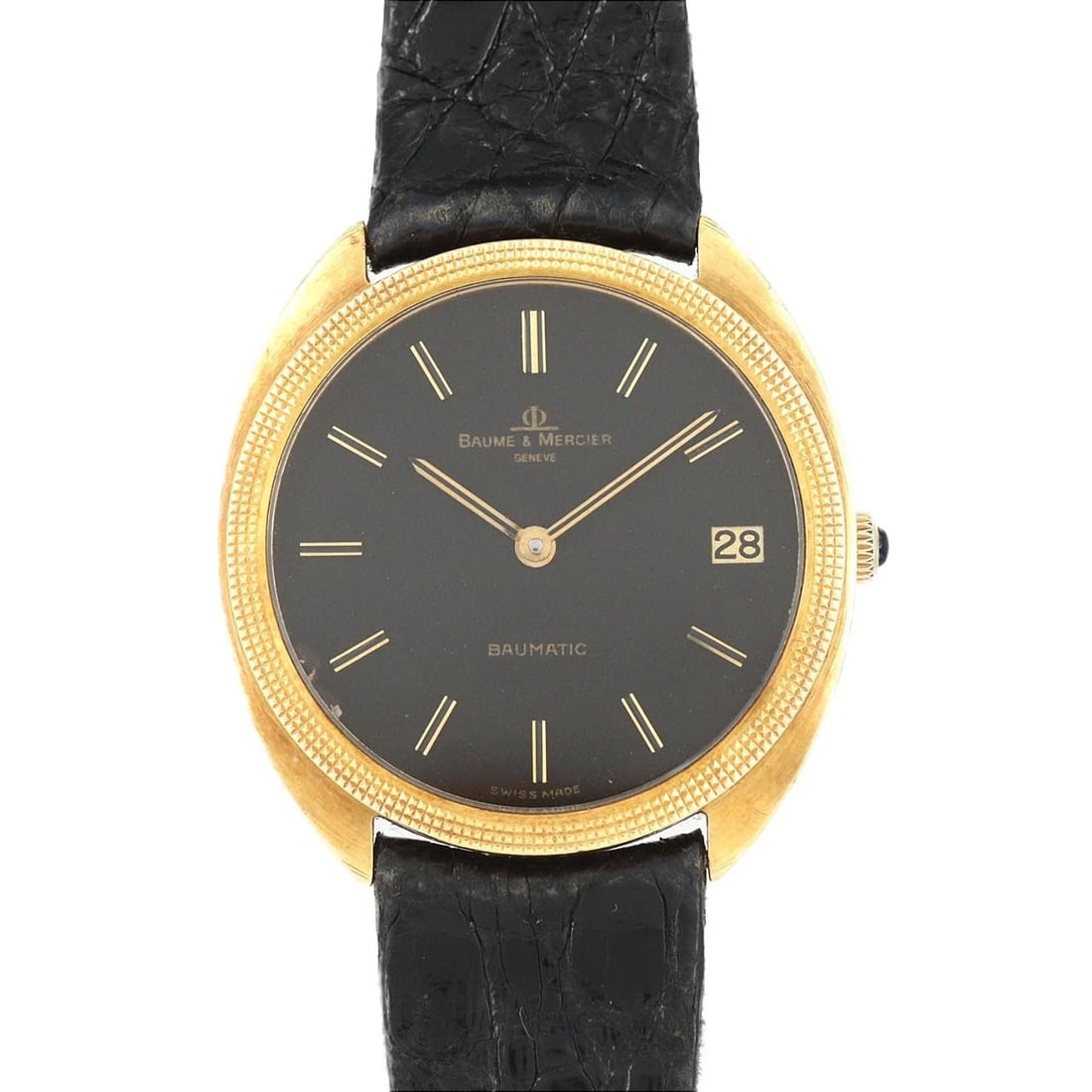 BAUME & MERCIER ROUND CASE YG WATCH: Baume & Mercier Round Case YG Watch Brand: Baume & Mercier Type/Style: Wrist watch Material: Case: Yellow gold Bracelet: Strap Color: Dial Color: Black Band Color: Black Size: Case diameter: Approx.