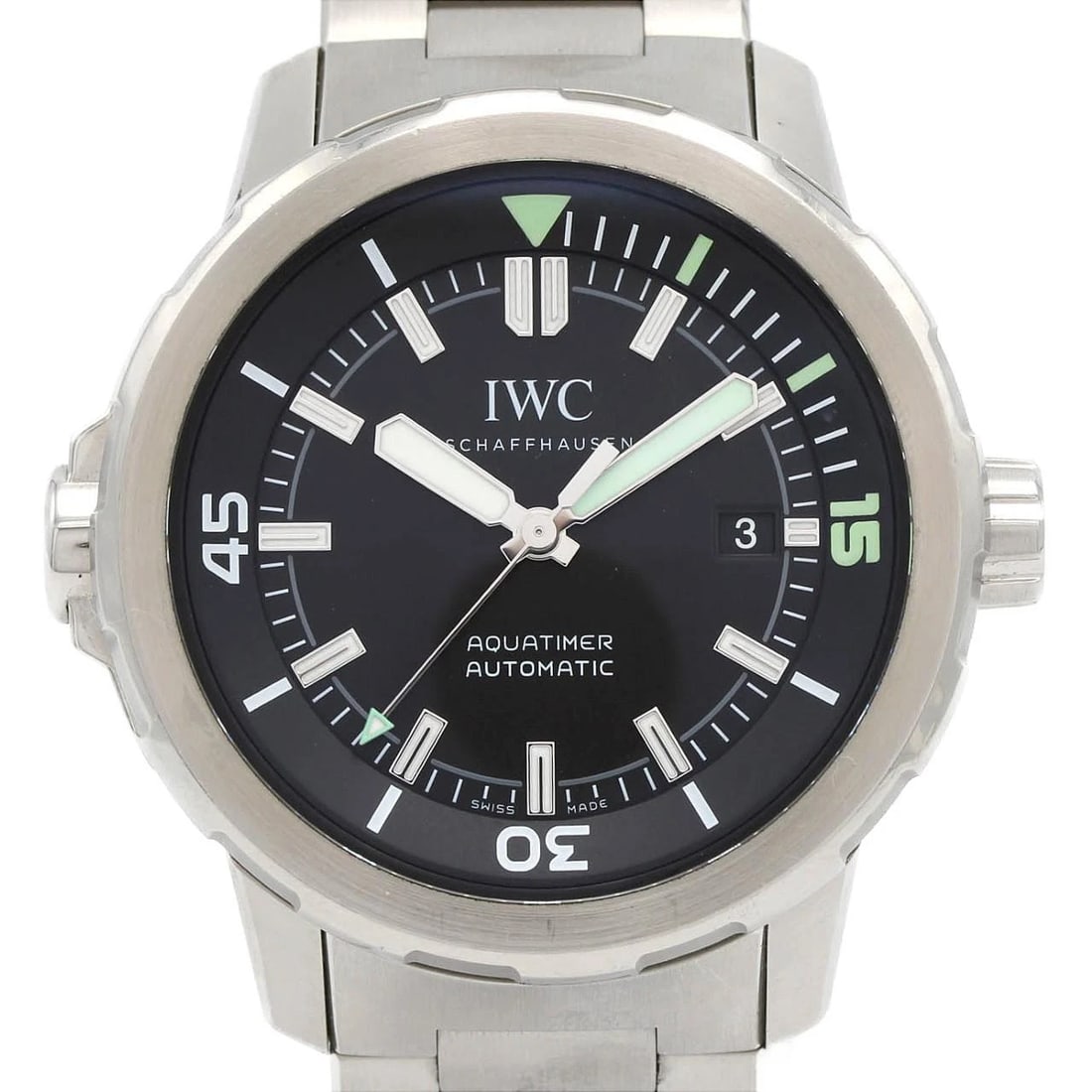 IWC AQUATIMER STAINLESS STEEL WATCH: IWC Aquatimer Stainless Steel Watch Brand: IWC Type/Style: Wrist watch Material: Case: Stainless Steel Breath: Stainless Steel Color: Dial Color: Black Size: Case diameter: Approx. 44mm Max wrist