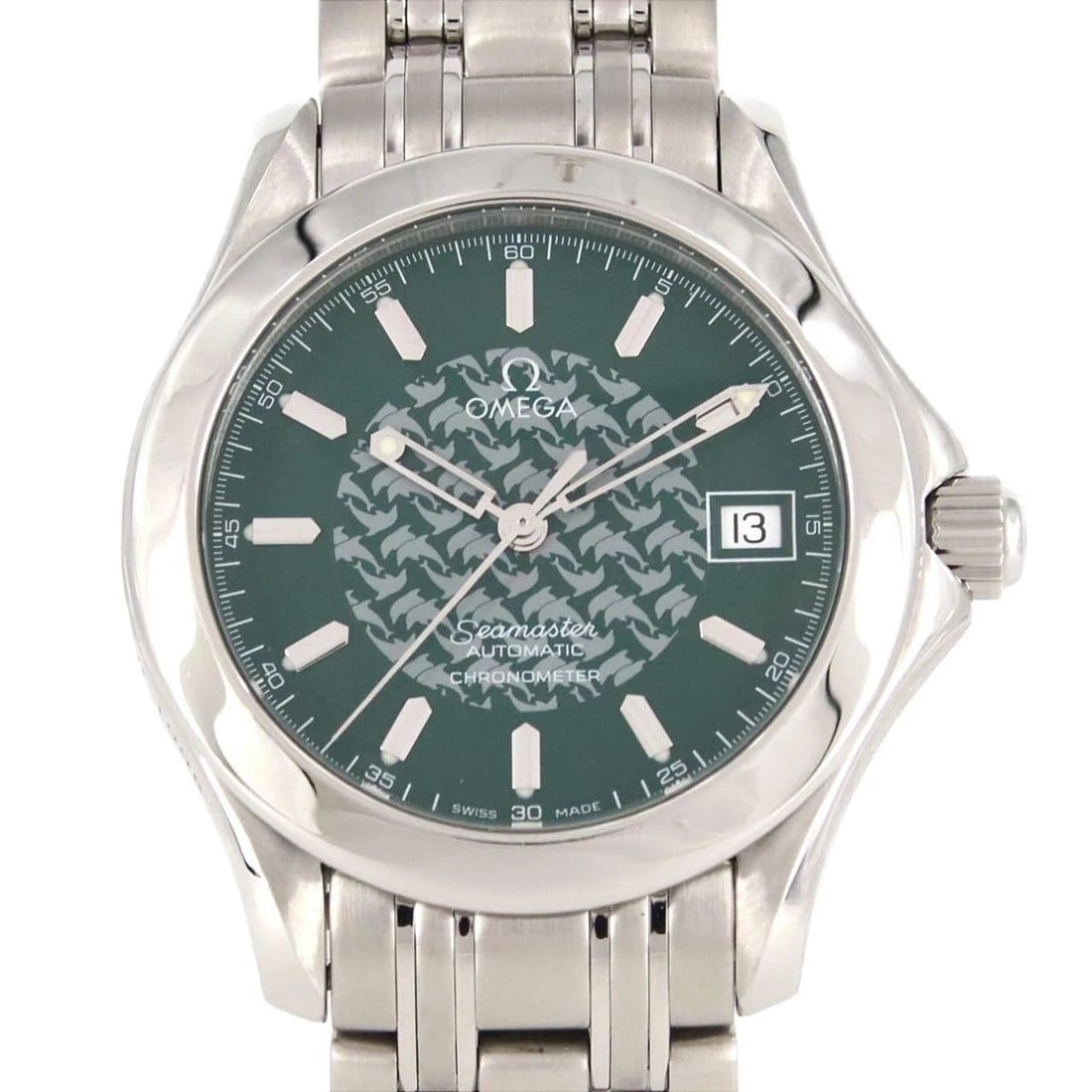 OMEGA SEAMASTER LIMITED STAINLESS STEEL WATCH: Omega Seamaster LIMITED Stainless Steel Watch Brand: OMEGA Type/Style: Wrist watch Material: Case: Stainless Steel Breath: Stainless Steel Color: Dial color: Green, dolphin motif Size: Case diameter: