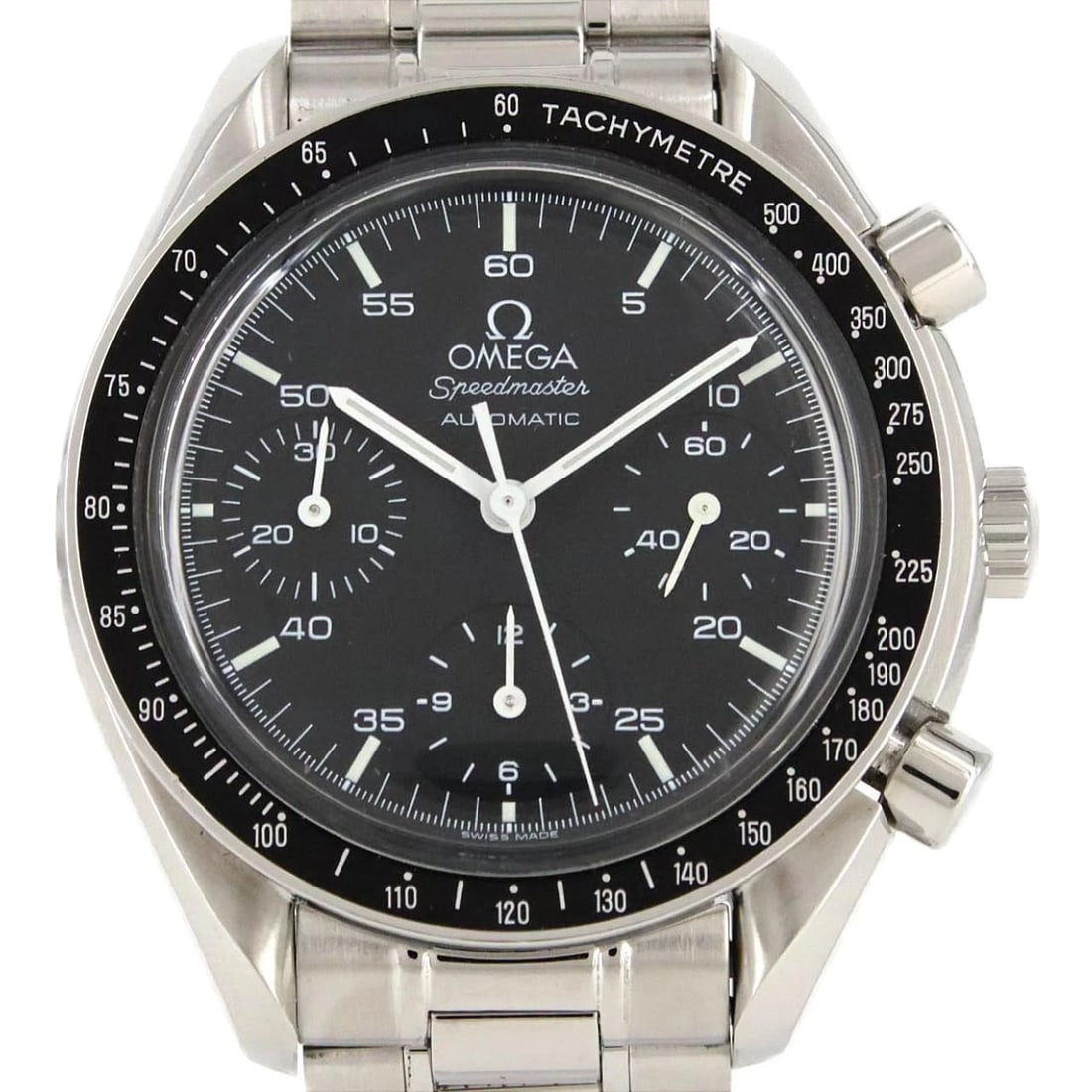 OMEGA SPEEDMASTER STAINLESS STEEL MECHANICAL AUTOMATIC WATCH: Omega Speedmaster Stainless Steel Mechanical Automatic Watch Brand: OMEGA Type/Style: Wrist watch Material: Case: Stainless Steel Breath: Stainless Steel Color: Dial Color: Black Size: Case diameter
