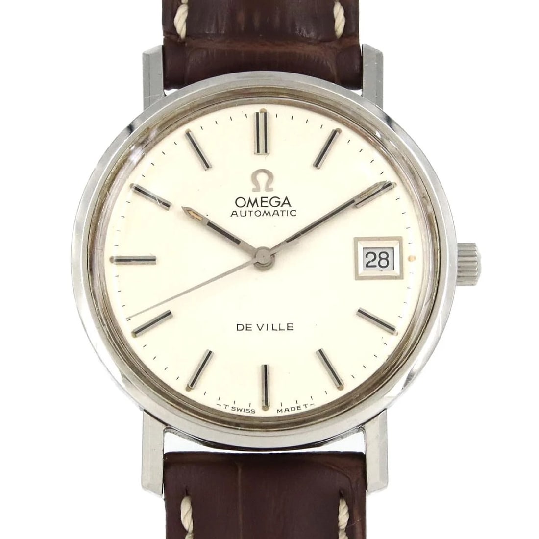 OMEGA DE VILLE STAINLESS STEEL WATCH: Omega De Ville Stainless Steel Watch Brand: OMEGA Type/Style: Wrist watch Material: Case: Stainless Steel Bracelet: Strap Color: Dial Color: Silver Band Color: Brown Size: Case diameter: Approx. 35mm