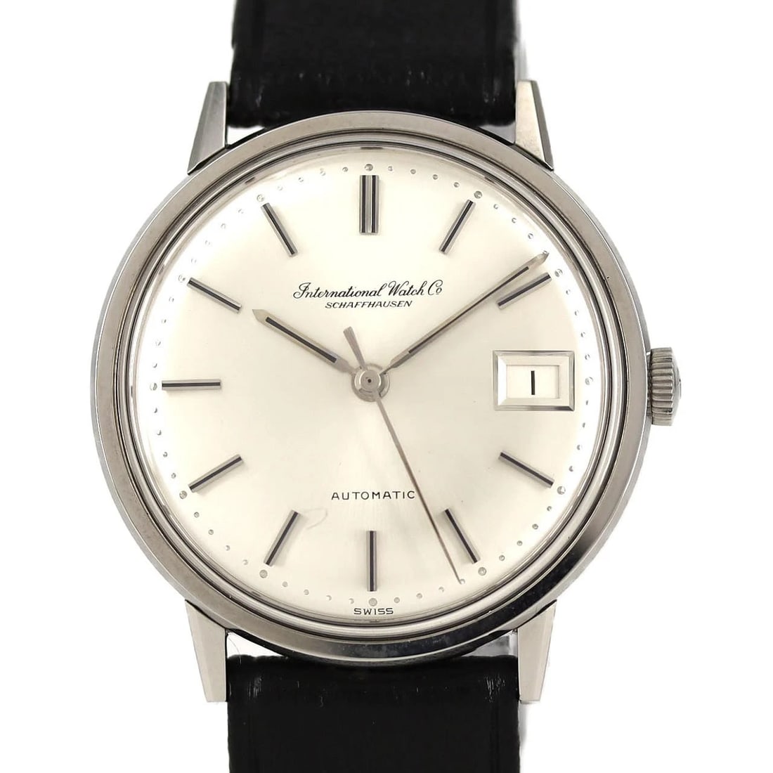 IWC ROUND CASE STAINLESS STEEL MECHANICAL AUTOMATIC WATCH: IWC Round Case Stainless Steel Mechanical Automatic Watch Brand: IWC Type/Style: Wrist watch Material: Case: Stainless Steel Bracelet: Strap Color: Dial Color: Silver Band Color: Black Size: Case