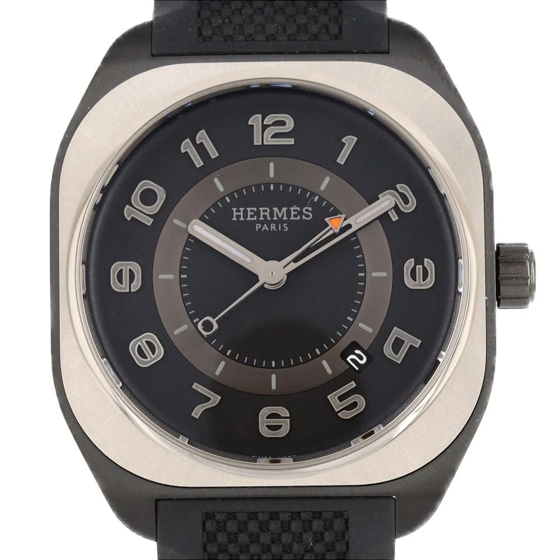 HERMES HERMES DLC TI MECHANICAL AUTOMATIC WATCH: Hermes Hermes DLC TI Mechanical Automatic Watch Brand: HERMES Type/Style: Wrist watch Material: Case: Titanium Bracelet: Rubber Color: Dial Color: Black/Arabic Band Color: Black Size: Case diameter: a