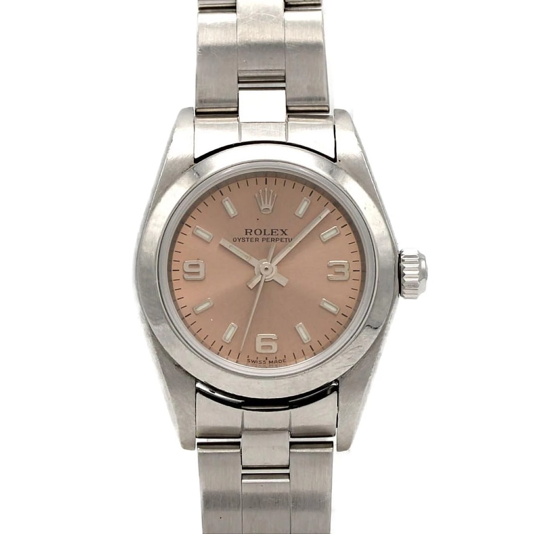 ROLEX OYSTER PERPETUAL STAINLESS WATCH: Rolex Oyster Perpetual Stainless Watch Brand: ROLEx Type/Style: Wrist watch Material: Case: Stainless Steel Breath: Stainless Steel Color: Dial color: Pink Size: Case diameter: Approx. 25mm Wrist