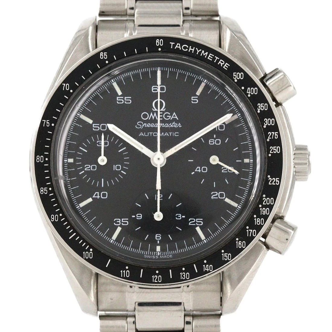 OMEGA SPEEDMASTER STAINLESS WATCH: Omega Speedmaster Stainless Watch Brand: OMEGA Type/Style: Wrist watch Material: Case: Stainless Steel Breath: Stainless Steel Color: Dial Color: Black Size: Case diameter: Approx. 39 mm Max wrist