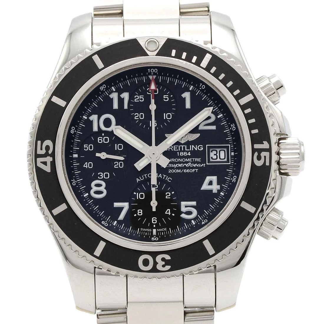 BREITLING SUPEROCEAN CHRONO 42 WATCH: Breitling Superocean Chrono 42 Watch Brand: BREITLING Type/Style: Wrist watch Material: Case: Stainless Steel Breath: Stainless Steel Color: Dial color: Black/Arabic Size: Case diameter: Approx. 42