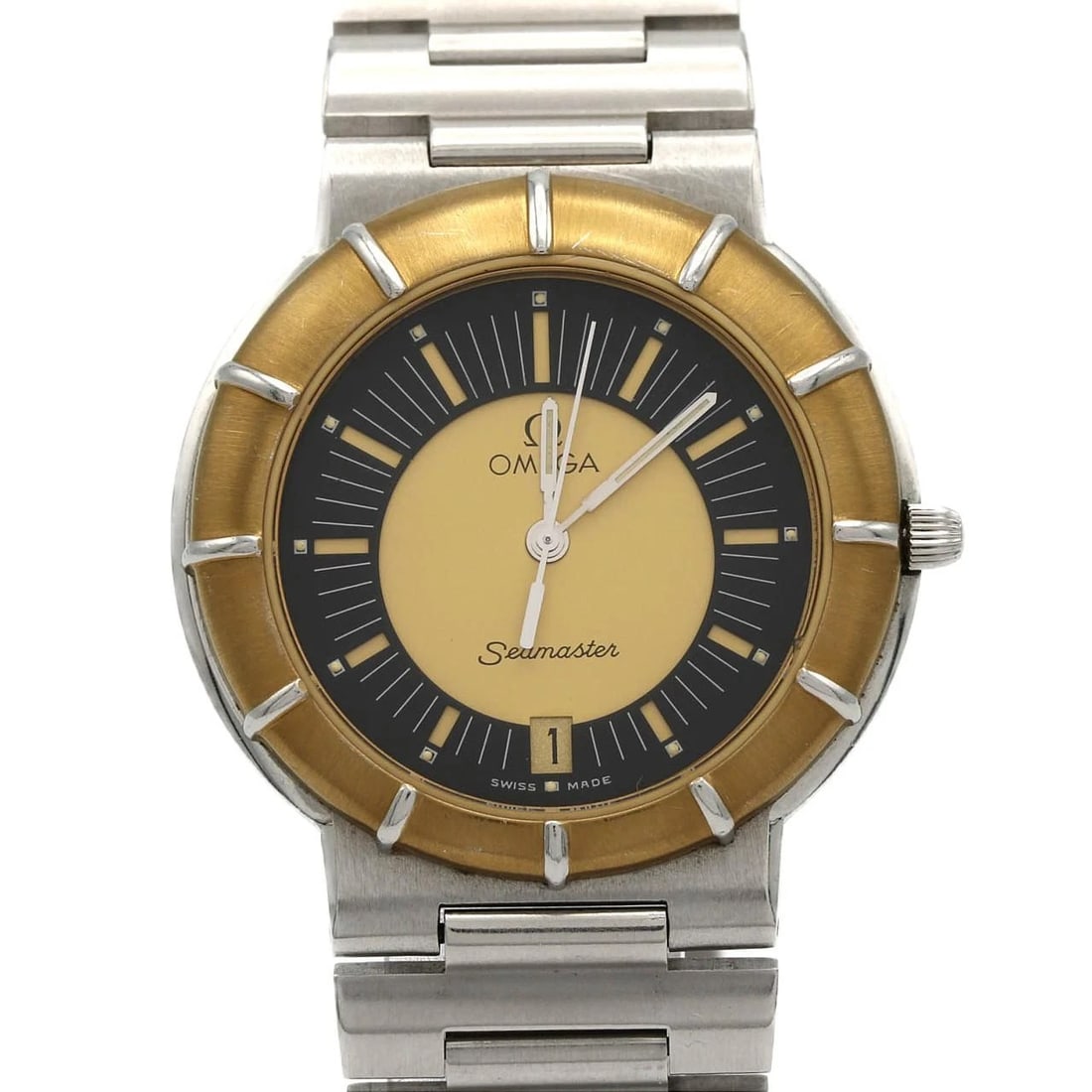 OMEGA SEAMASTER DYNAMIC SSXYG QUARTZ WATCH: Omega Seamaster Dynamic SSxYG Quartz Watch Brand: OMEGA Type/Style: Wrist watch Material: Case: Stainless steel x yellow gold Bracelet: Stainless steel Color: Dial color: Black, gold Size: Case