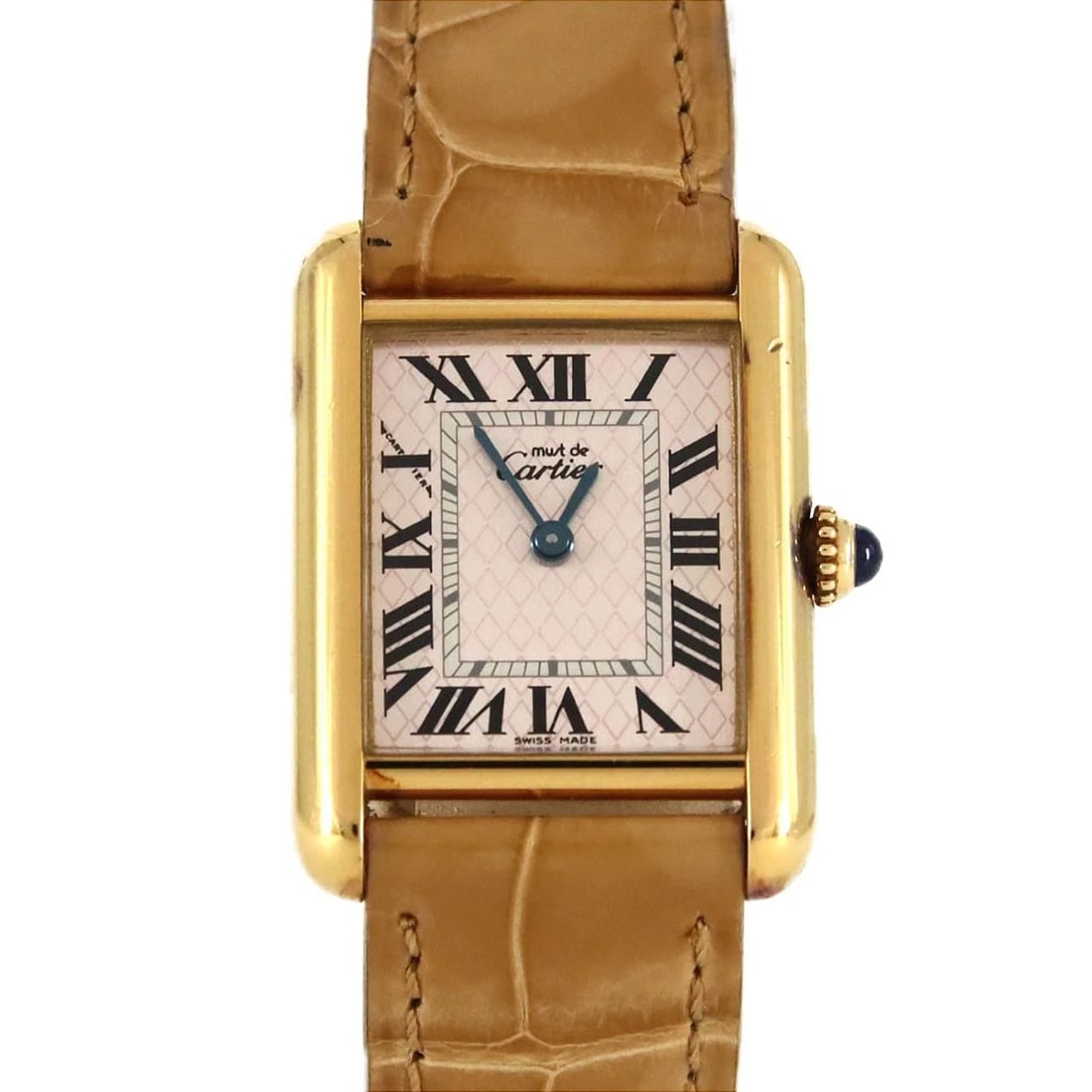 CARTIER MUST TANK SM AQUARINO GOLD PLAT WATCH: Cartier Must Tank SM Aquarino Gold Plat Watch Brand: CARTIER Type/Style: Wrist watch Material: Case: Gold plated Bracelet: Strap Color: Dial color: Pink Size: Case diameter: 22 x 29.5 Accessories: