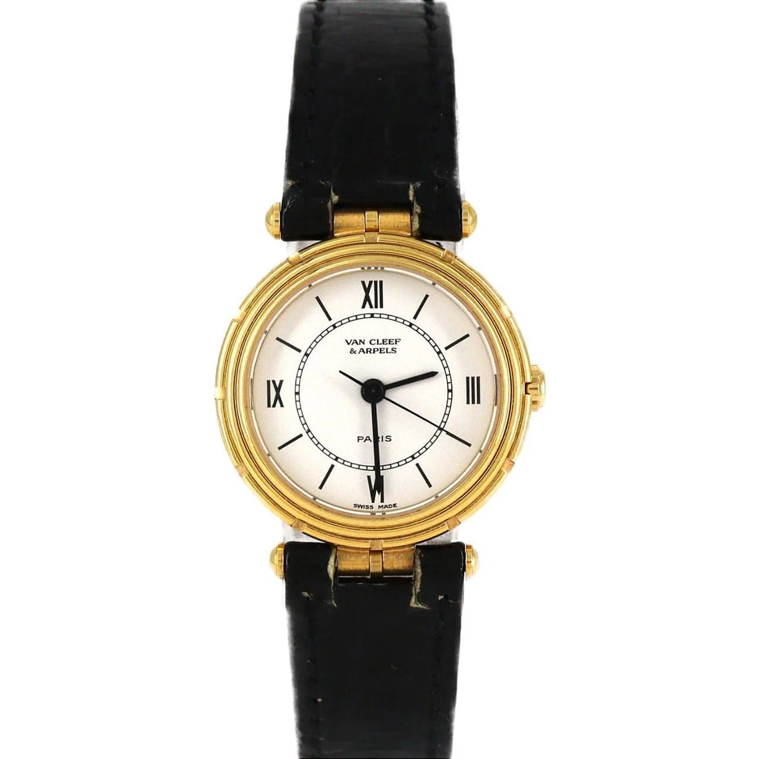 VAN CLEEF & ARPELS LA COLLECTION YG WATCH: Van Cleef & Arpels La Collection YG Watch Brand: Van Cleef & Arpels Type/Style: Wrist watch Material: Case: Yellow gold Bracelet: Strap Color: Dial Color: White Band Color: Black Size: Case diameter: