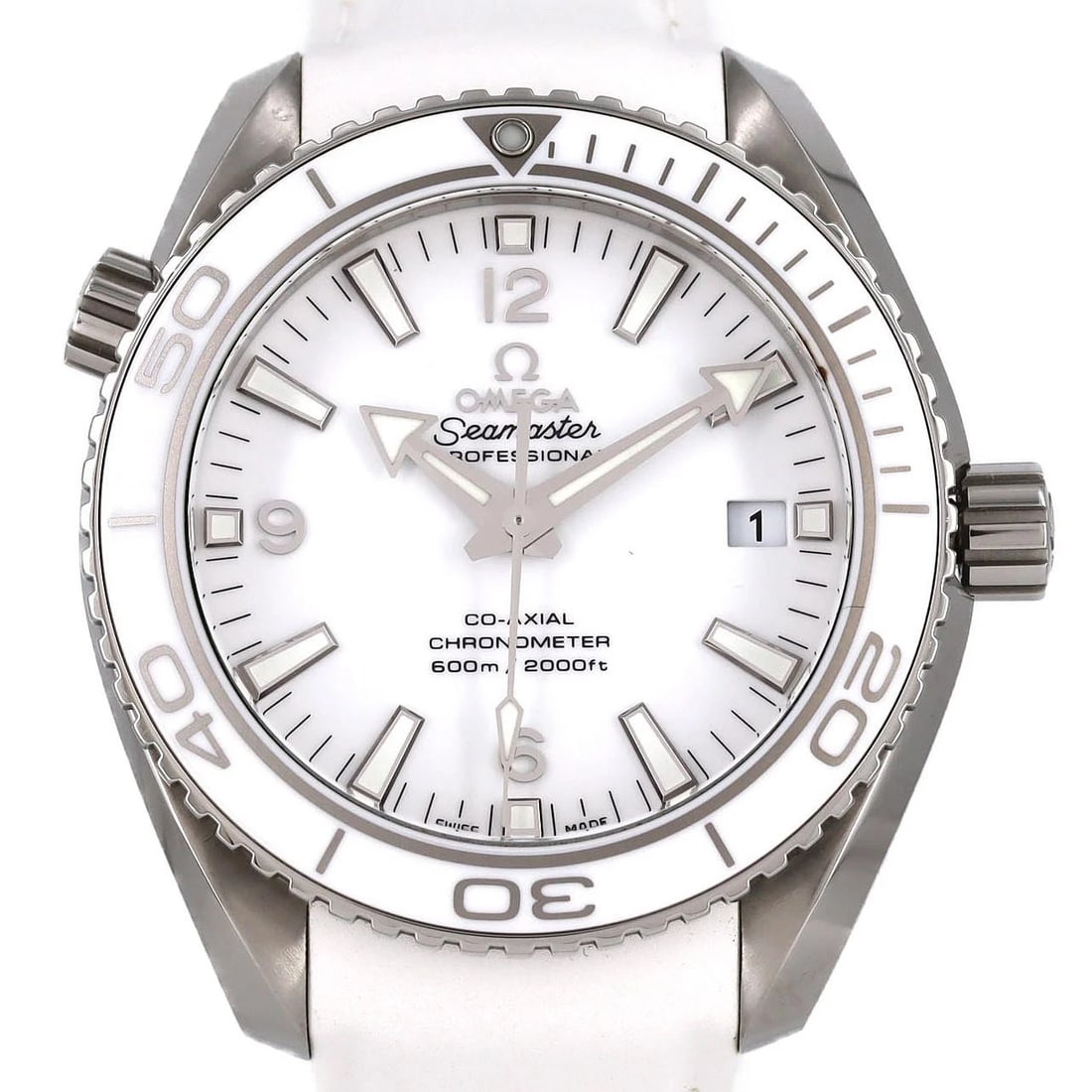OMEGA SEAMASTER PLANET OCEAN STAINLESS WATCH: Omega Seamaster Planet Ocean Stainless Watch Brand: OMEGA Type/Style: Wrist watch Material: Case: Stainless Steel Breath: Rubber Color: Dial Color: White Band Color: White Size: Case diameter: