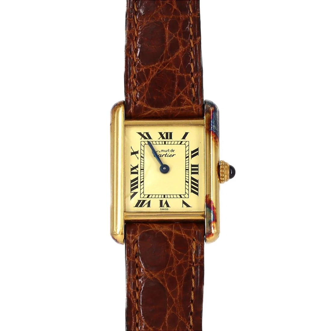 CARTIER MUST TANK SM GOLD PLATED WATCH: Cartier Must Tank SM Gold Plated Watch Brand: CARTIER Type/Style: Wrist watch Material: Case: Gold plated Bracelet: Strap Color: Dial Color: Ivory/Roman Band Color: Brown Size: Case diameter: 20.5 x