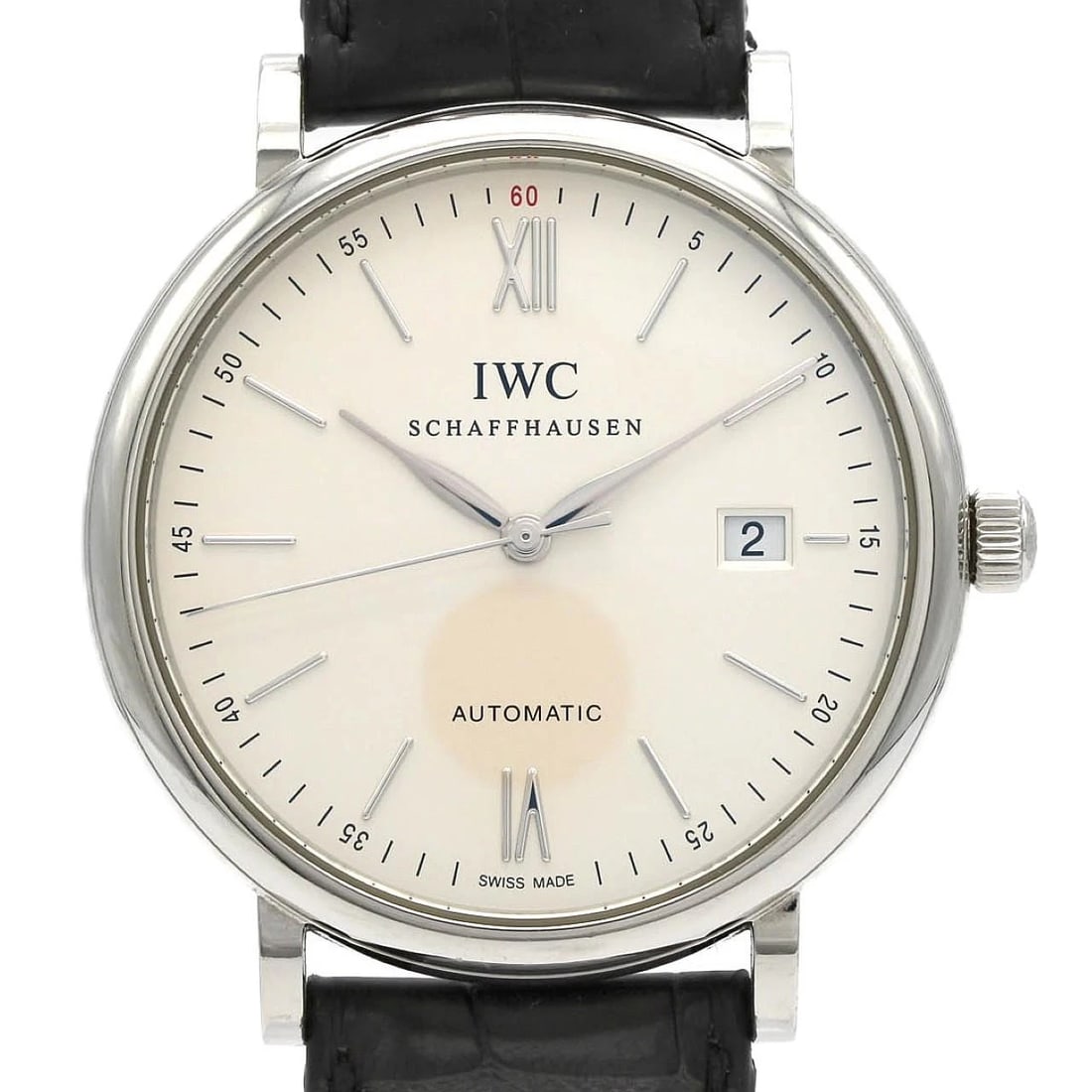 AUTHENTICIWC PORTOFINO STAINLESS STEEL WATCH: AuthenticIWC Portofino Stainless Steel Watch Brand: IWC Type/Style: Wrist watch Material: Case: Stainless Steel Bracelet: Strap Color: Dial Color: Silver Band Color: Black Size: Case diameter: