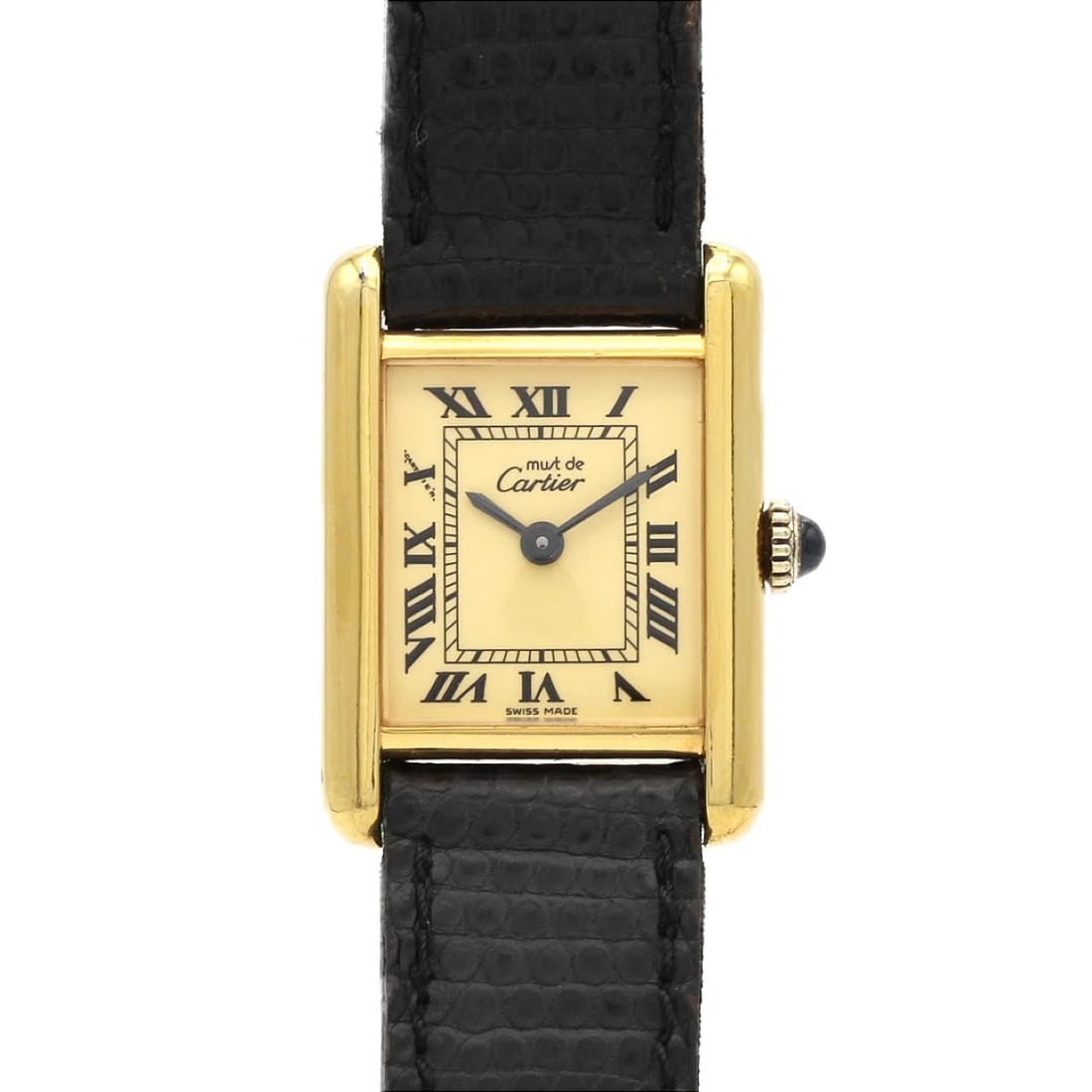 CARTIER MUST TANK SM GOLD PLATED WATCH: Cartier Must Tank SM Gold Plated Watch Brand: CARTIER Type/Style: Wrist watch Material: Case: Gold plated Bracelet: Strap Color: Dial Color: Ivory/Roman Band Color: Black Size: Case diameter: 20.5 x