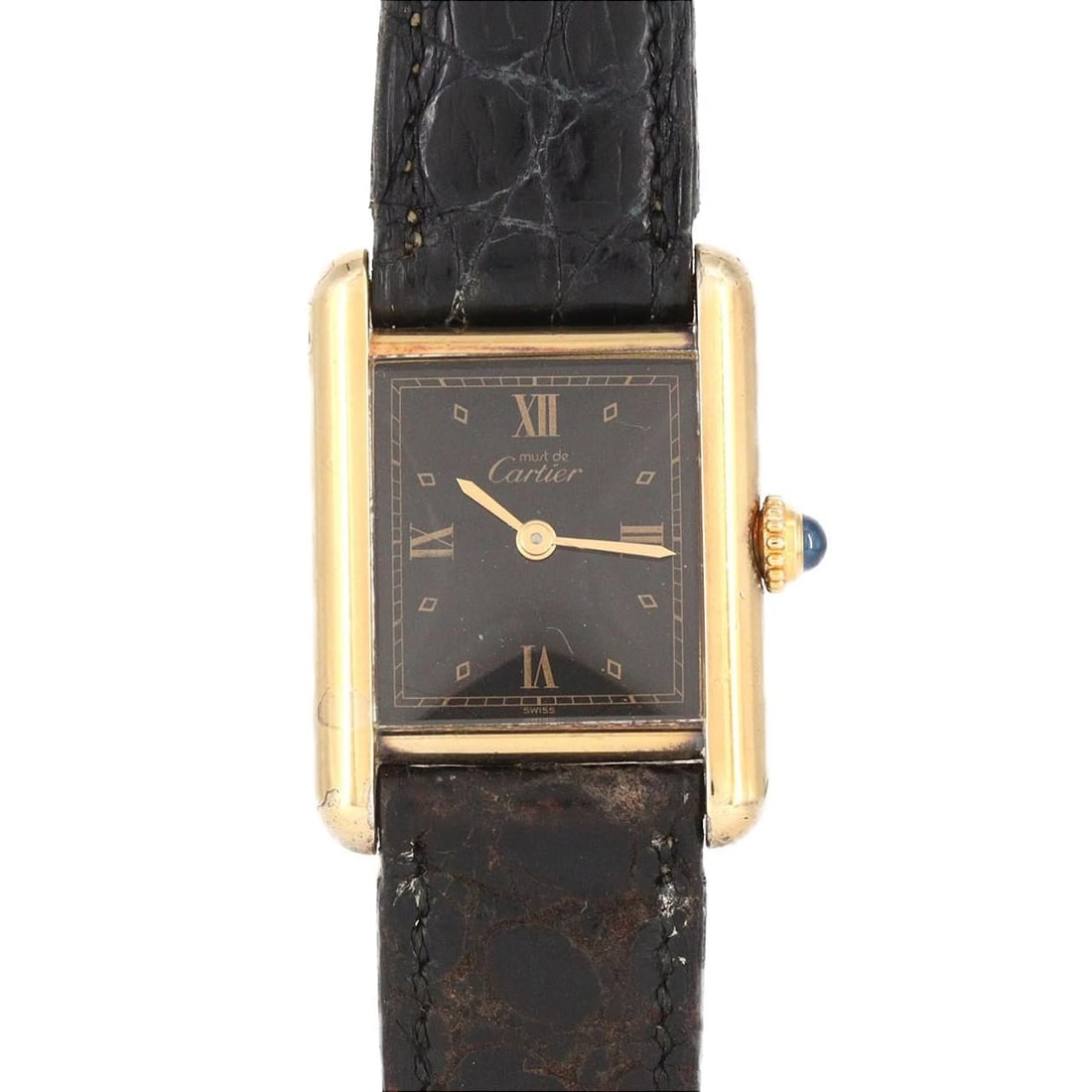 CARTIER MUST TANK SM GOLD PLATED WATCH: Cartier Must Tank SM Gold Plated Watch Brand: CARTIER Type/Style: Wrist watch Material: Case: Gold plated Bracelet: Strap Color: Dial Color: Black Band Color: Brown Size: Case diameter: 20.5 x 28
