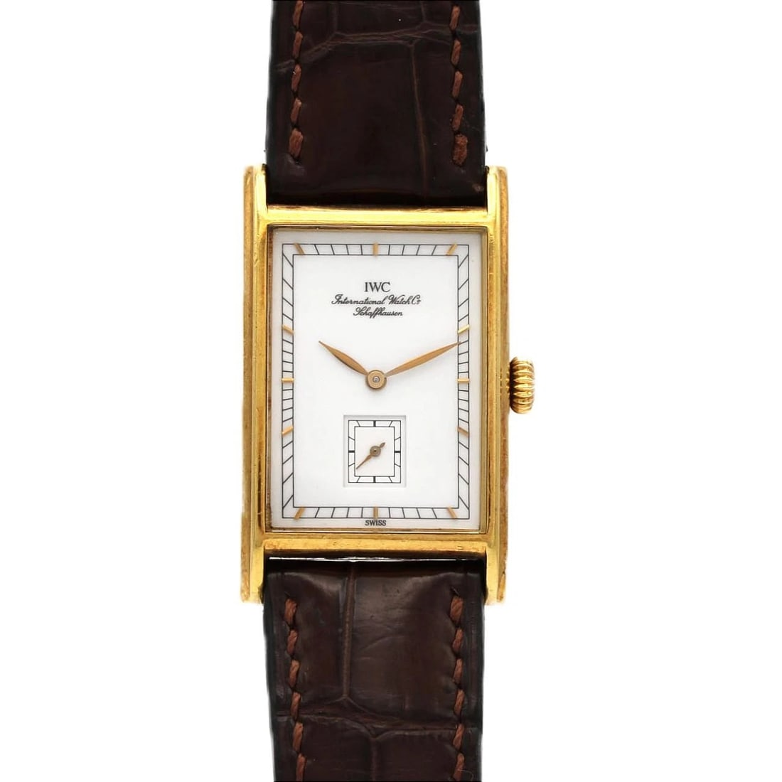 IWC NOVECENTO YG MANUAL WIN WATCH: IWC Novecento YG Manual Win Watch Brand: IWC Type/Style: Wrist watch Material: Case: Yellow gold Bracelet: Strap Color: Dial Color: White Band Color: Brown Size: Case diameter approximately: 24 x