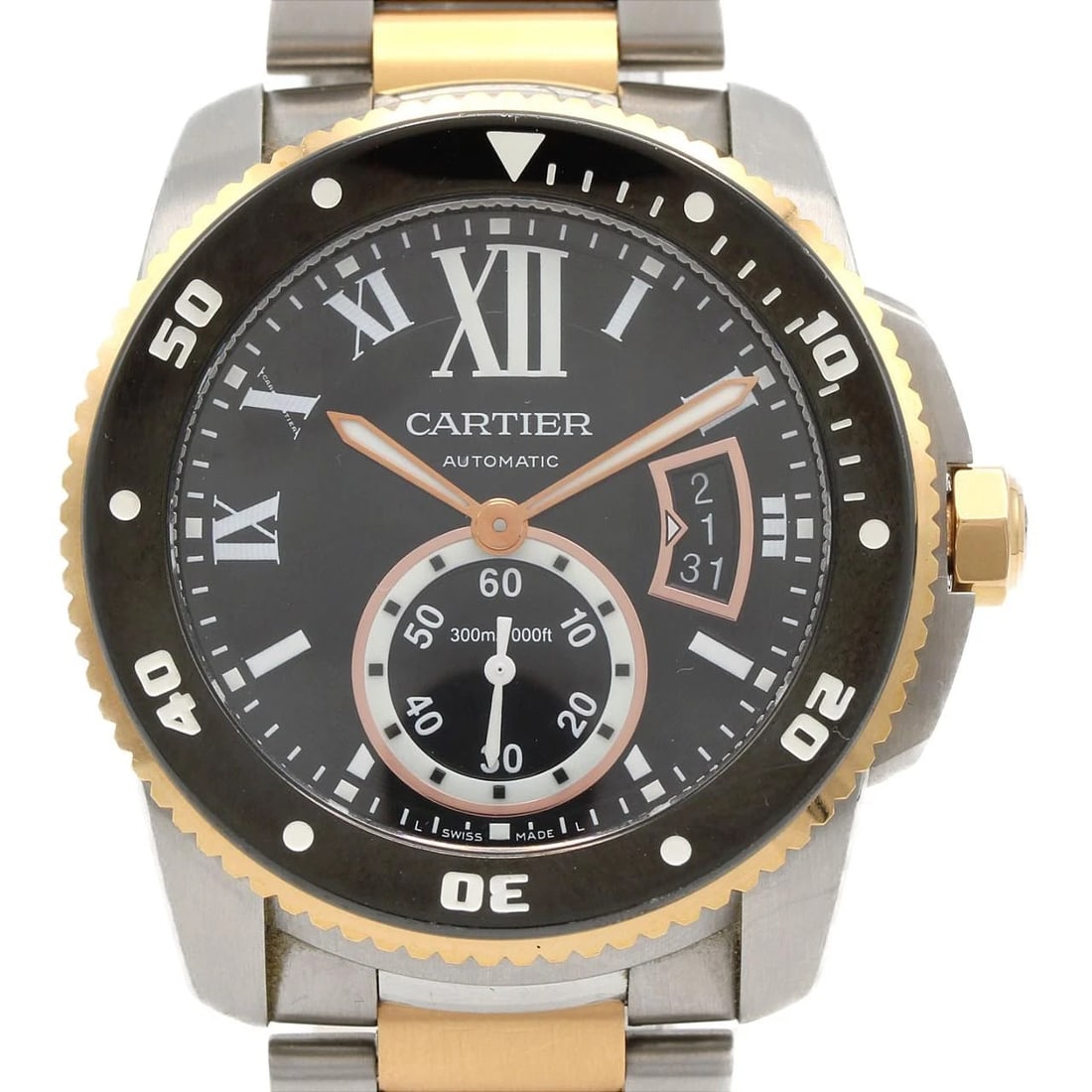 CARTIER CALIBRE DE CARTIER DIVER PG WATCH: Cartier Calibre de Cartier Diver PG Watch Brand: CARTIER Type/Style: Wrist watch Material: Case: Stainless steel x pink gold Bracelet: Stainless steel x pink gold Color: Dial Color: Black Size: Case
