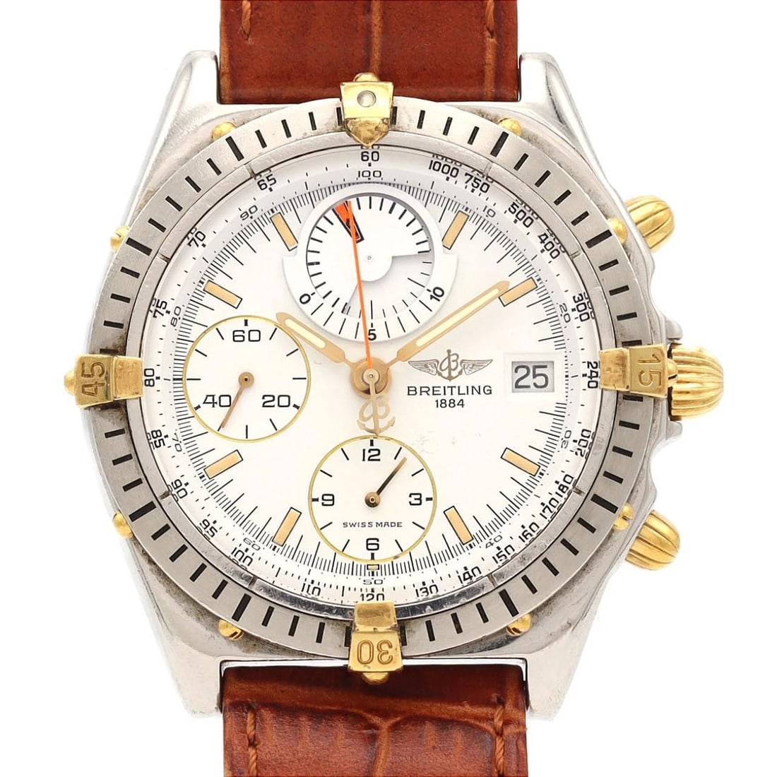 BREITLING CHRONOMAT BICOLOR SSXY WATCH: Breitling Chronomat Bicolor SSxY Watch Brand: BREITLING Type/Style: Wrist watch Material: Case: Stainless steel x yellow gold Bracelet: Strap Color: Dial Color: White Band Color: Brown Size: Case