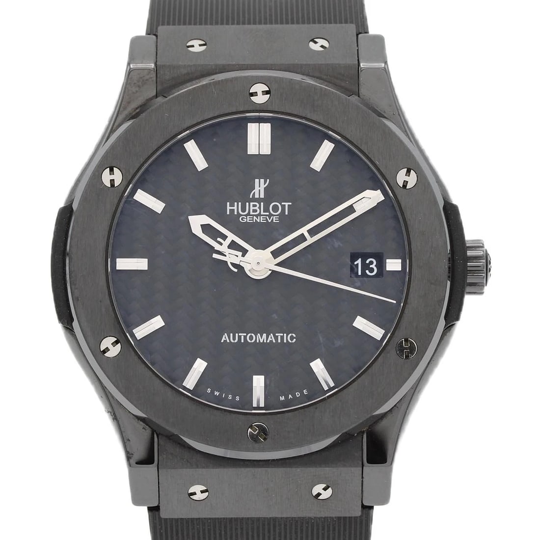 HUBLOT CLASSIC FUSION BLACK MAGIC WATCH: Hublot Classic Fusion Black Magic Watch Brand: HUBLOT Type/Style: Wrist watch Material: Case: TIx ceramic; Bracelet: Rubber Color: Dial color: Black carbon band color: Black Size: Case diameter:
