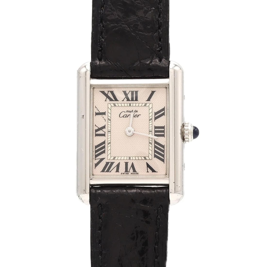 CARTIER MUST TANK SM CHRISTMAS WATCH: Cartier Must Tank SM Christmas Watch Brand: CARTIER Type/Style: Wrist watch Material: Case: Silver Bracelet: Strap Color: Dial Color: Pink/Roman Band Color: Black Size: Case diameter: 22 x 29.5