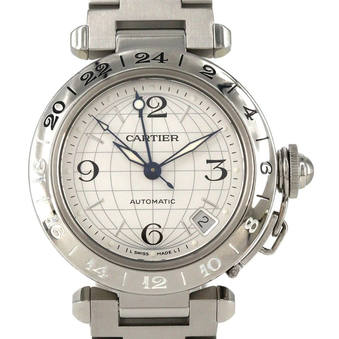 CARTIER PASHA GMT STAINLESS STEEL MECHANICAL AUTOMATIC WATCH: Cartier Pasha GMT Stainless Steel Mechanical Automatic Watch Brand: CARTIER Type/Style: Wrist watch Material: Case: Stainless Steel Breath: Stainless Steel Color: Dial Color: Silver Size: Case diamete