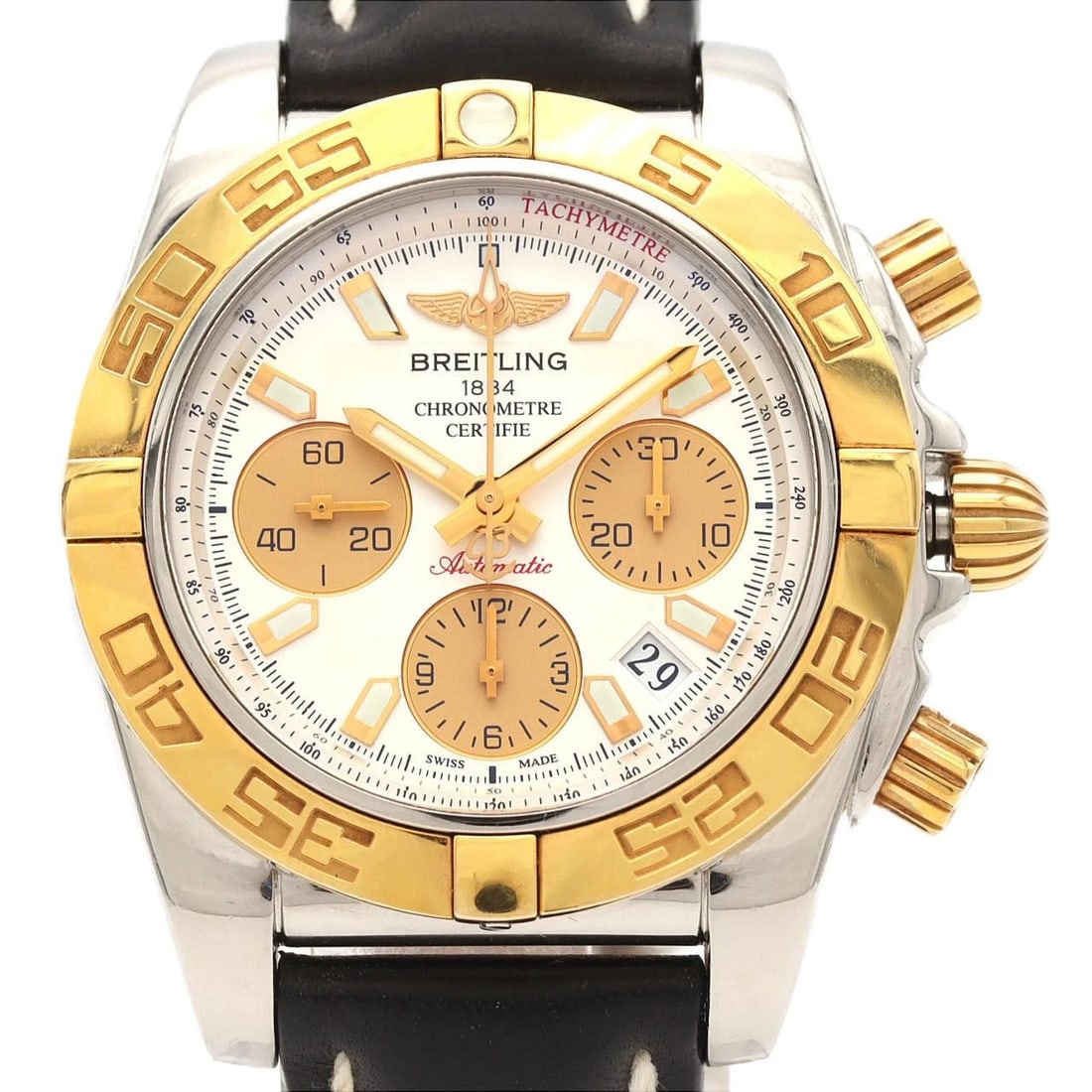 BREITLING CHRONOMAT PG COMBINATION WATCH: Breitling Chronomat PG Combination Watch Brand: BREITLING Type/Style: Wrist watch Material: Case: Stainless steel x pink gold Bracelet: Strap Color: Dial color: SV/GD Band color: Black Size: Case
