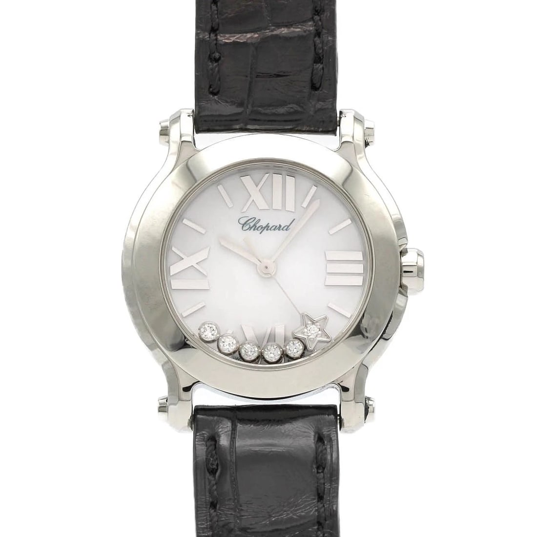 CHOPARD HAPPY SPORT MARK II STAINLESS STEEL WATCH: Chopard Happy Sport Mark II Stainless Steel Watch Brand: Chopard Type/Style: Wrist watch Material: Case: Stainless Steel Bracelet: Strap Color: Dial Color: White Band Color: Black Size: Case