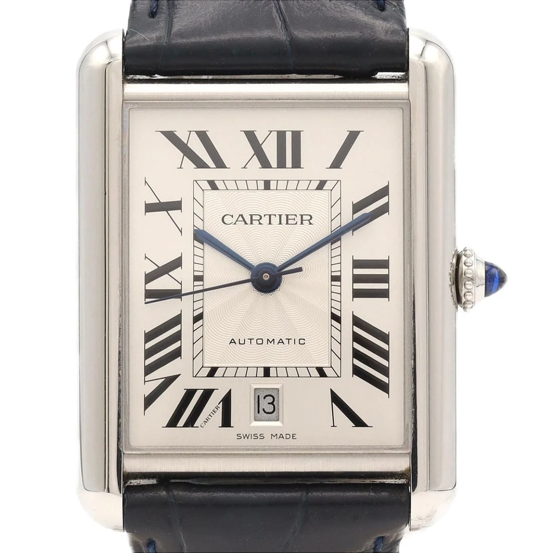 CARTIER TANK MUST STAINLESS WATCH: Cartier Tank Must Stainless Watch Brand: CARTIER Type/Style: Wrist watch Material: Case: Stainless Steel Bracelet: Strap Color: Dial Color: Silver/Roman Band Color: Blue Size: Case diameter: 31x41mm